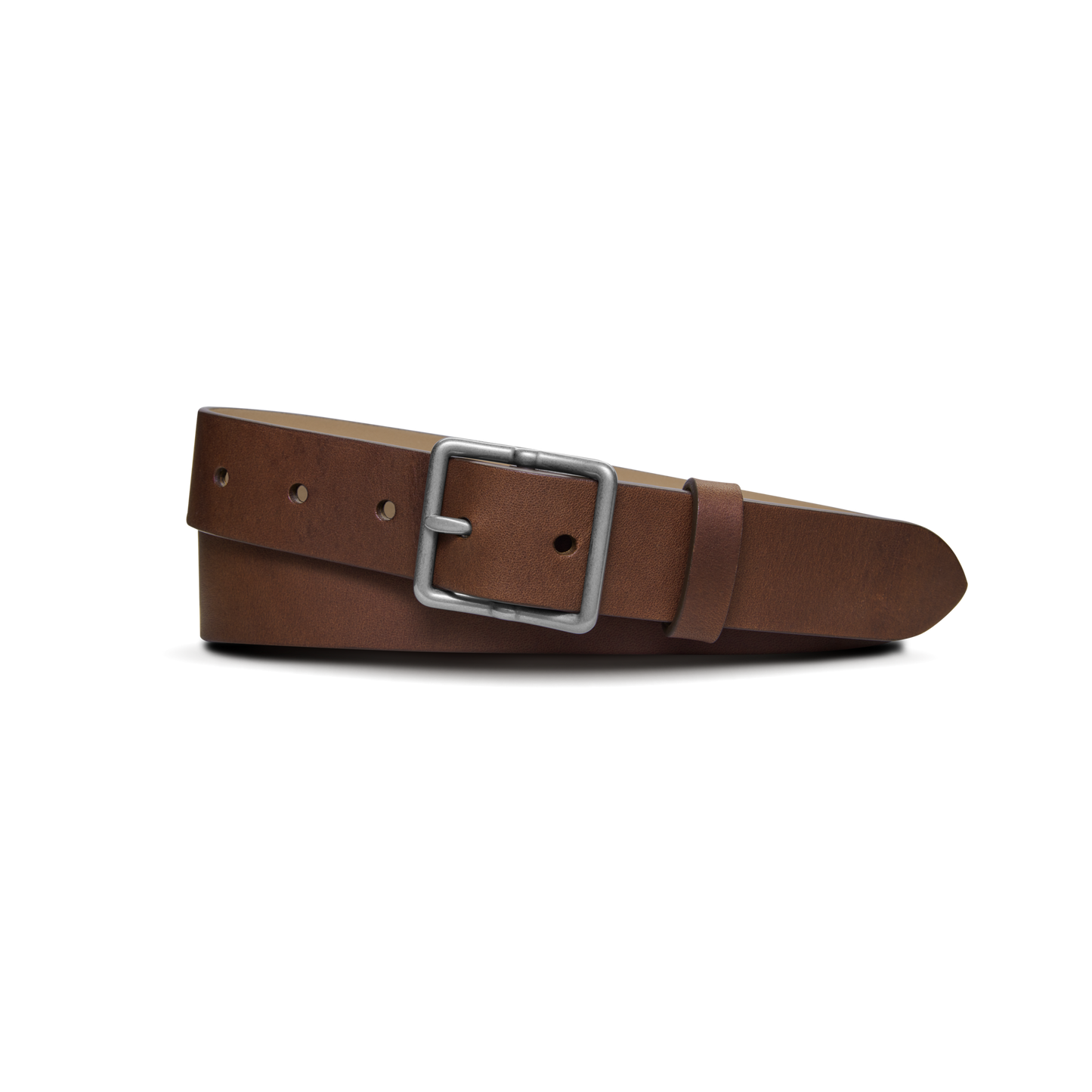 The Shinola 1 1/4" Center Bar Buckle Belt in medium brown features USA Heritage leather and a silver rectangular buckle, shown coiled in a circle on a plain white background.
