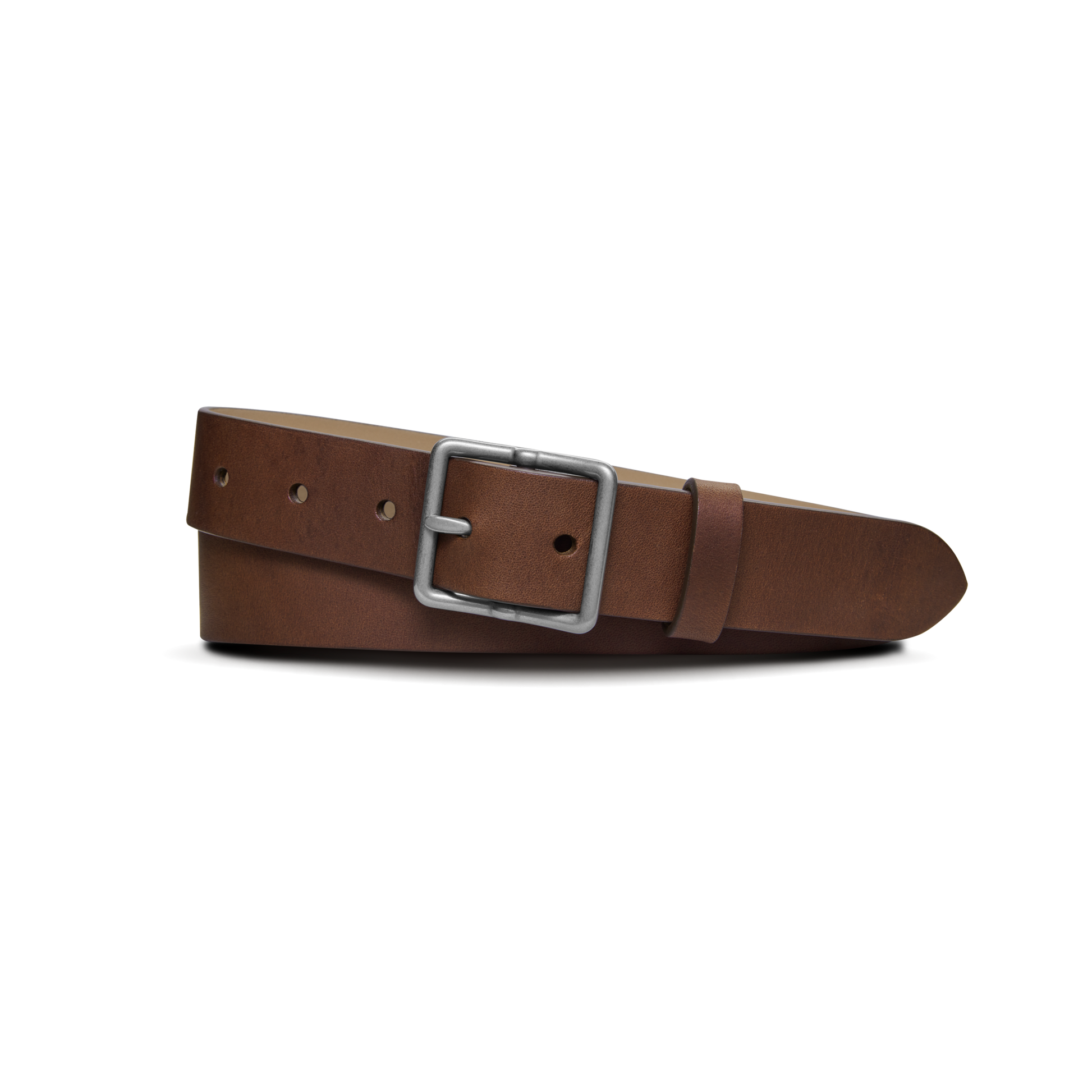 The Shinola 1 1/4" Center Bar Buckle Belt in medium brown features USA Heritage leather and a silver rectangular buckle, shown coiled in a circle on a plain white background.
