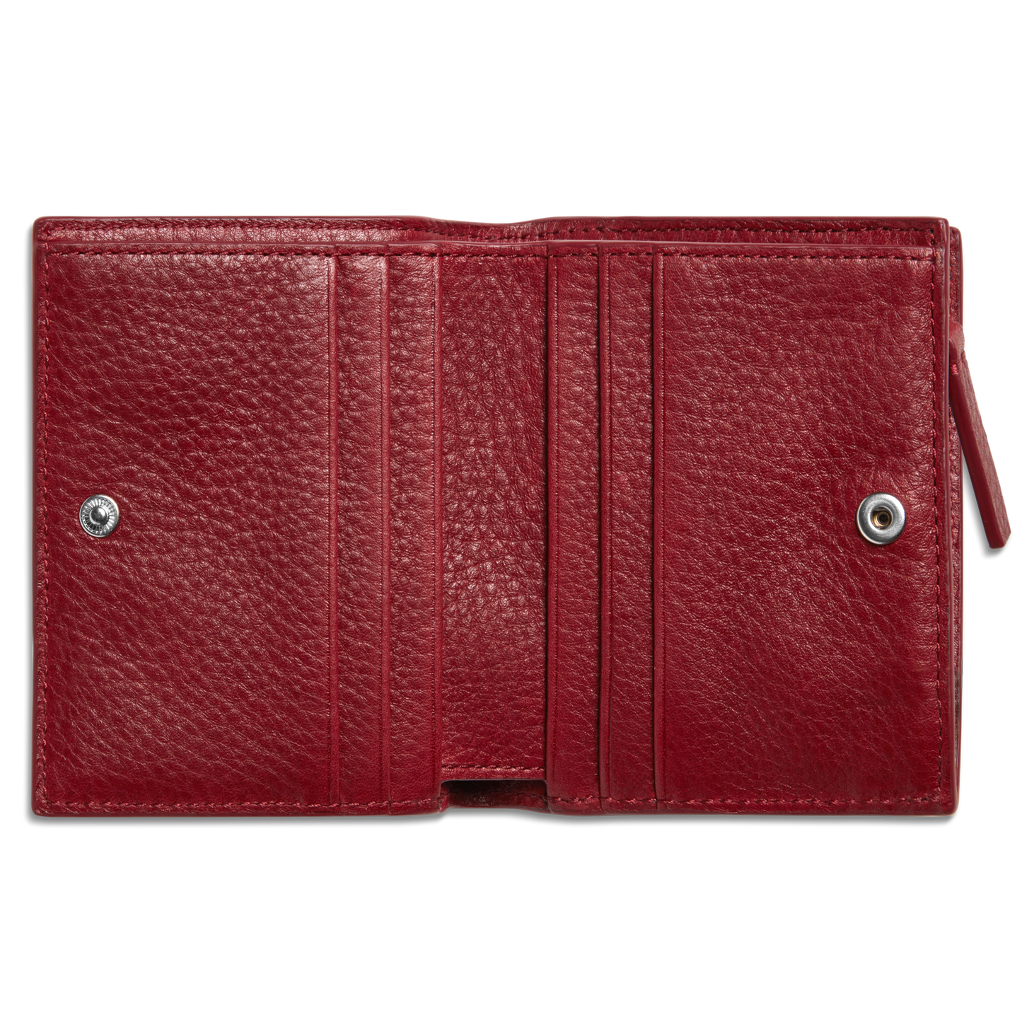 The Shinola Coin Bifold - Ruby is a red bifold wallet made from Natural Grain Leather, featuring a textured finish, multiple card slots, snap closure, and a right-side zippered coin pocket.