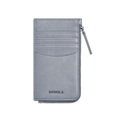 The Zip Around Card Case - Mist by Shinola is a slim, light gray leather case with five card pockets, a right-side zippered pocket, and the Shinola name embossed at the bottom.