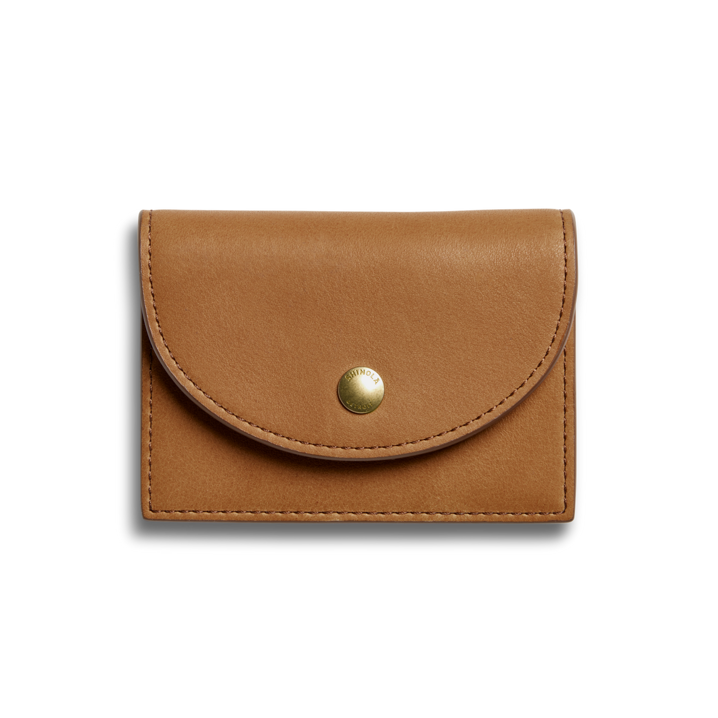 The Shinola Birdy Accordion Card Holder in tan natural leather features a curved flap with a single gold button snap, displayed against a plain white background.