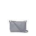 The Small Bixby Crossbody - Mist by Shinola is a sleek, light gray Natural Leather bag with a rectangular shape, adjustable strap, top zipper closure, and subtle branding—perfect for everyday use.