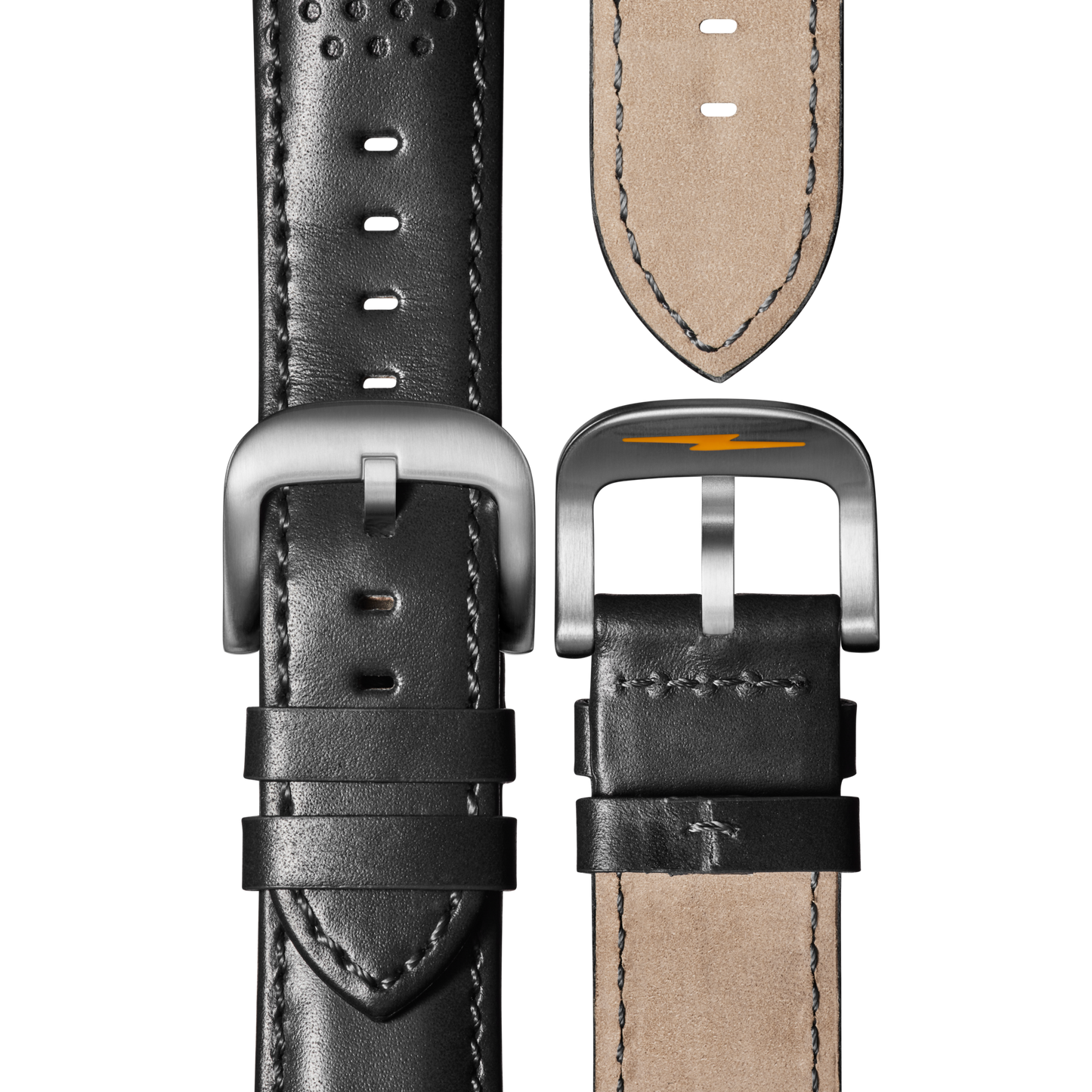 Two black leather Shinola watch straps with silver buckles are displayed—one shows stitching detail, the other reveals tan leather and a yellow lightning bolt, ideal for the Canfield Speedway Open Road Automatic Chronograph Watch.