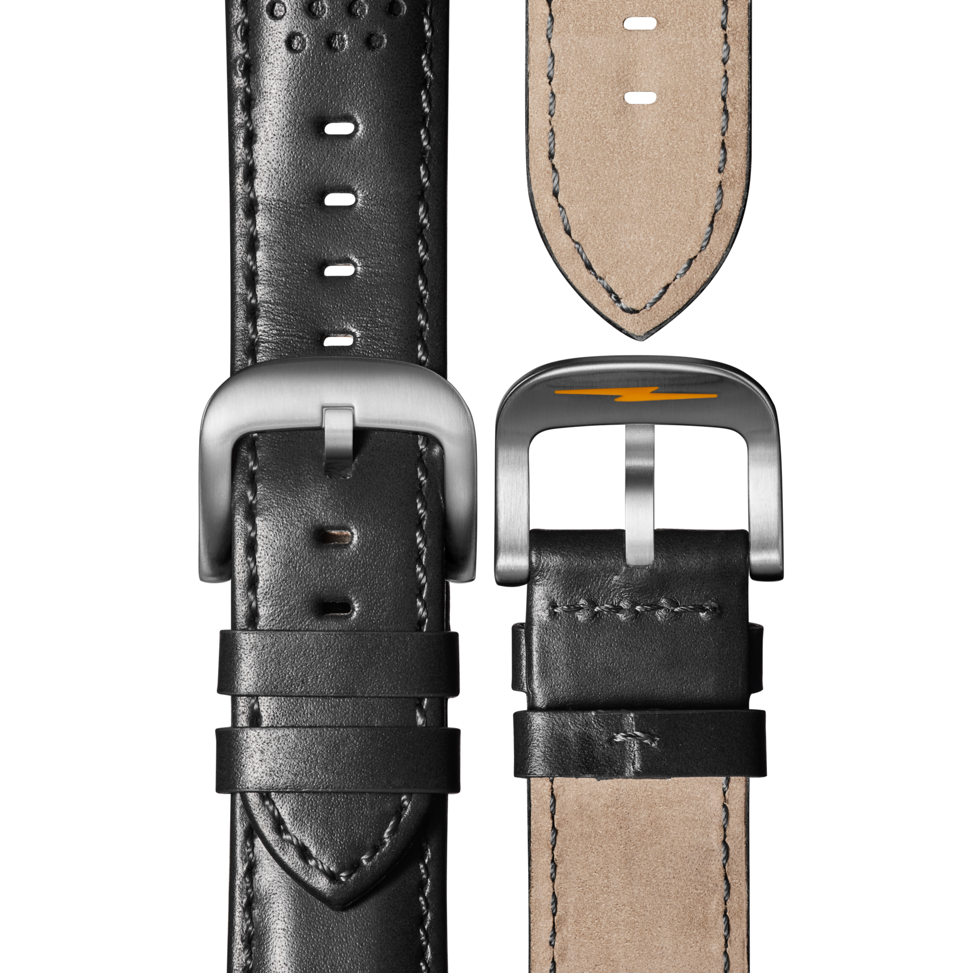 Two black leather Shinola watch straps with silver buckles are displayed—one shows stitching detail, the other reveals tan leather and a yellow lightning bolt, ideal for the Canfield Speedway Open Road Automatic Chronograph Watch.