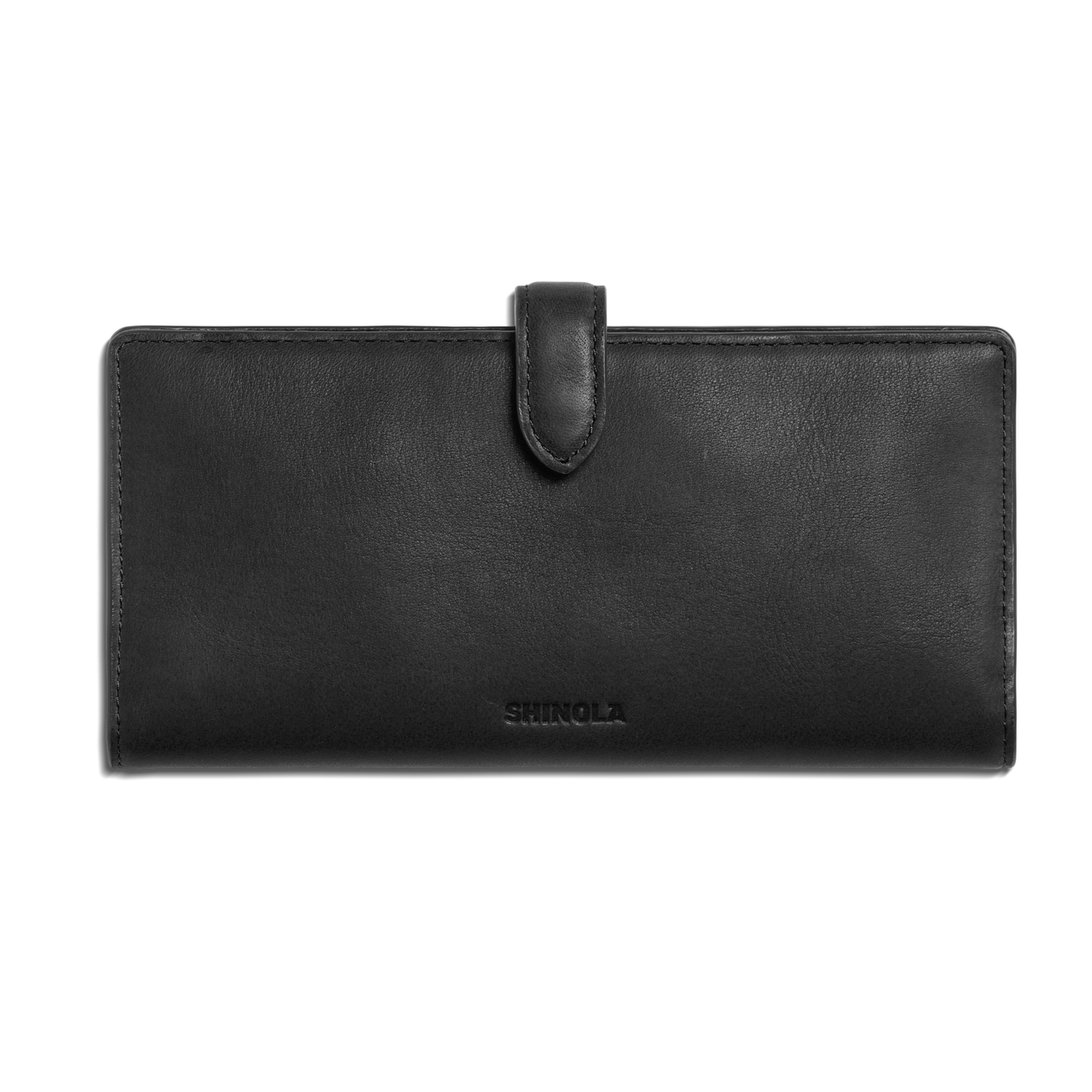 Crafted from natural leather, the Shinola Continental Snap Wallet - Black features a snap closure strap and an embossed brand name on the front, shown against a plain white background.