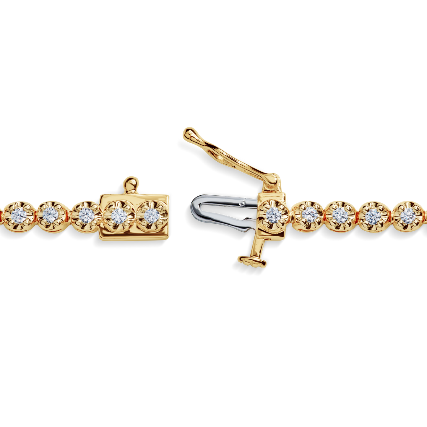 A close-up of the Shinola 1 Carat 7" Diamond Tennis Bracelet in yellow gold, featuring brilliant cut diamonds and displayed open with a box clasp and safety latch.