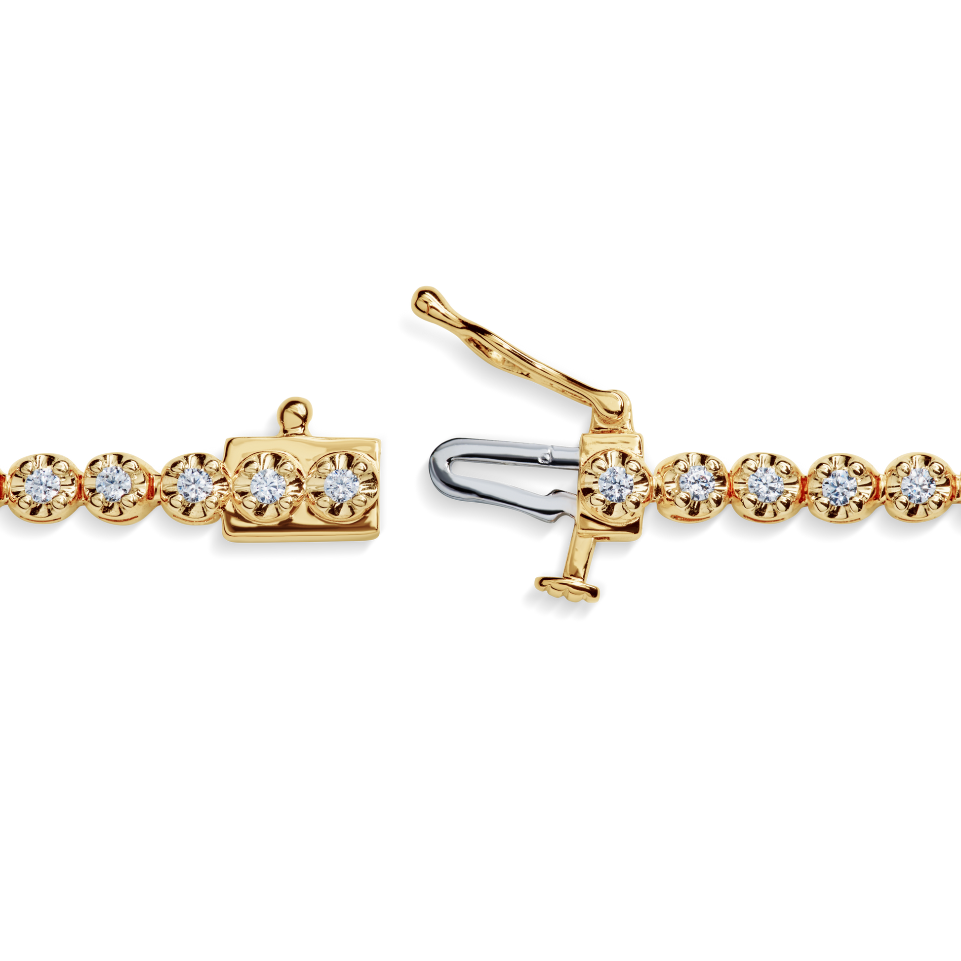 A close-up of the Shinola 1 Carat 7" Diamond Tennis Bracelet in yellow gold, featuring brilliant cut diamonds and displayed open with a box clasp and safety latch.