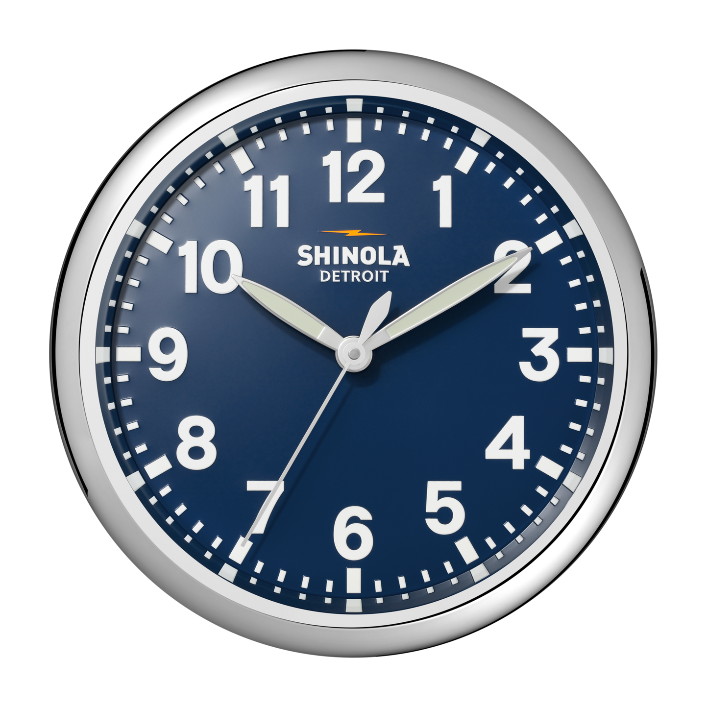 The 14" Runwell Clock - Navy by Shinola features a round silver frame, matte navy dial, and white numerals reading 1:50:35. "Shinola Detroit" appears below 12 o’clock, representing its signature wall clock style.