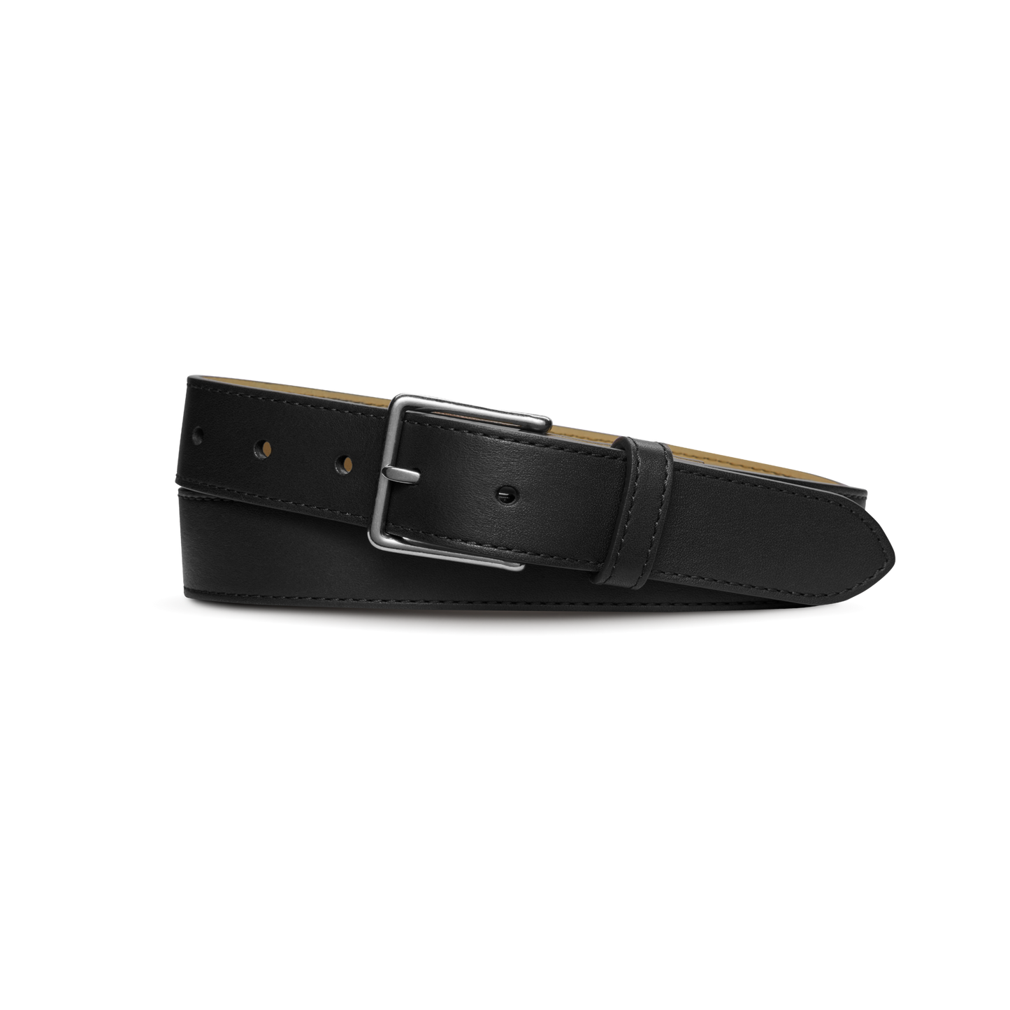The Shinola 1 1/4" Dress Belt in black natural leather features a silver rectangular buckle, displayed rolled up on a white background.