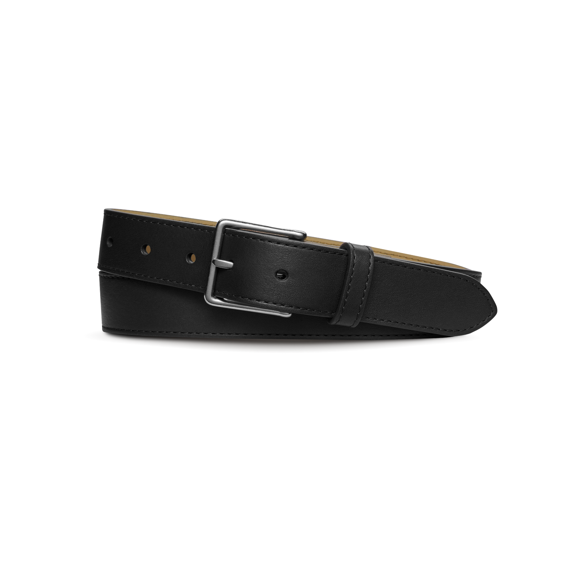 The Shinola 1 1/4" Dress Belt in black natural leather features a silver rectangular buckle, displayed rolled up on a white background.