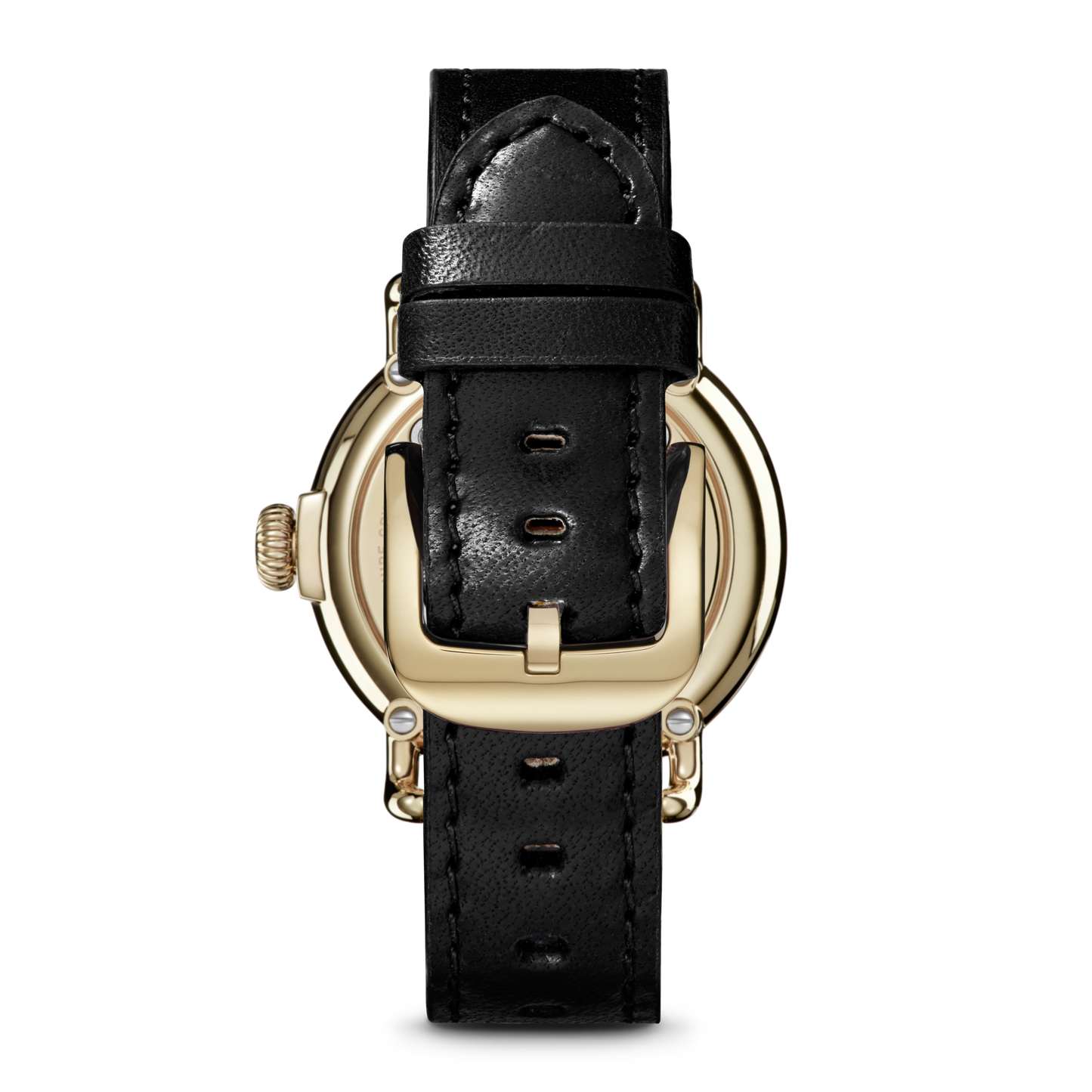 The Shinola Runwell Watch - Alabaster is shown from the back, featuring a black leather strap with a gold buckle and detailed stitching. The gold stainless steel case and left-side crown are partially visible behind the strap.