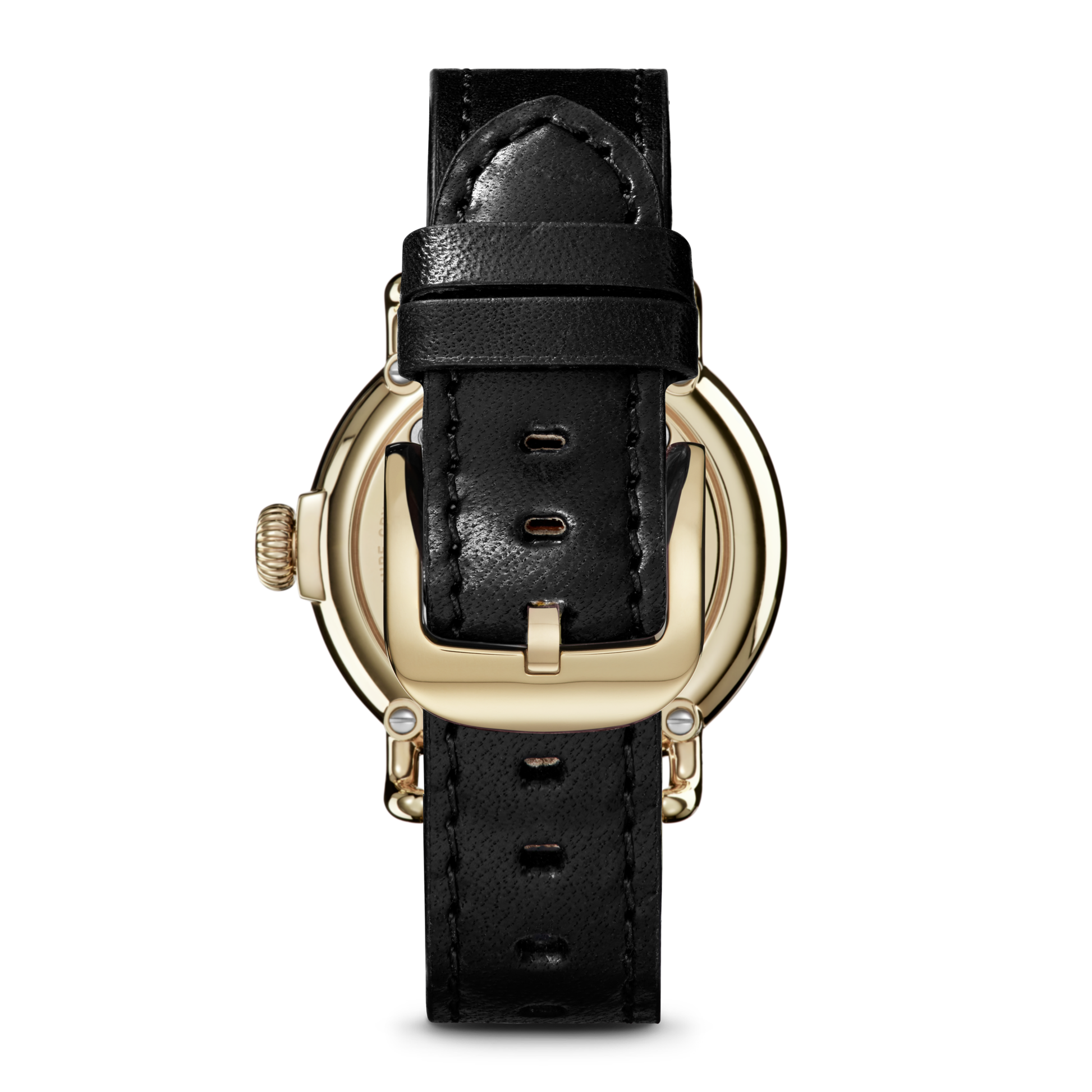 The Shinola Runwell Watch - Alabaster is shown from the back, featuring a black leather strap with a gold buckle and detailed stitching. The gold stainless steel case and left-side crown are partially visible behind the strap.