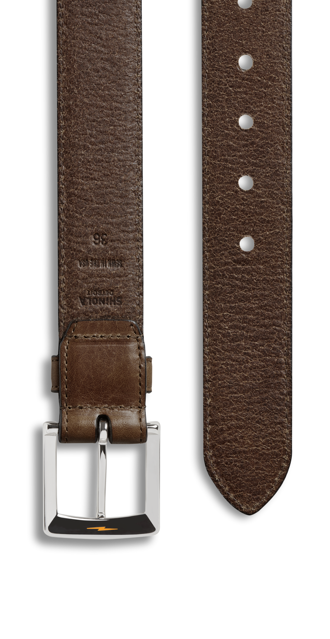 Close-up of the Shinola 1 1/2" Bedrock Belt in Dark Brown, featuring silver-toned hardware, textured Signature leather, visible size markings, adjustment holes, and detailed stitching.