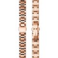 Two views of the Shinola Bracelet: 18/13, Universal 3Link, Fold Over, PoPRG - Polished PVD Rose Gold metal watch band shown front and back, featuring a center clasp and elegant link design.