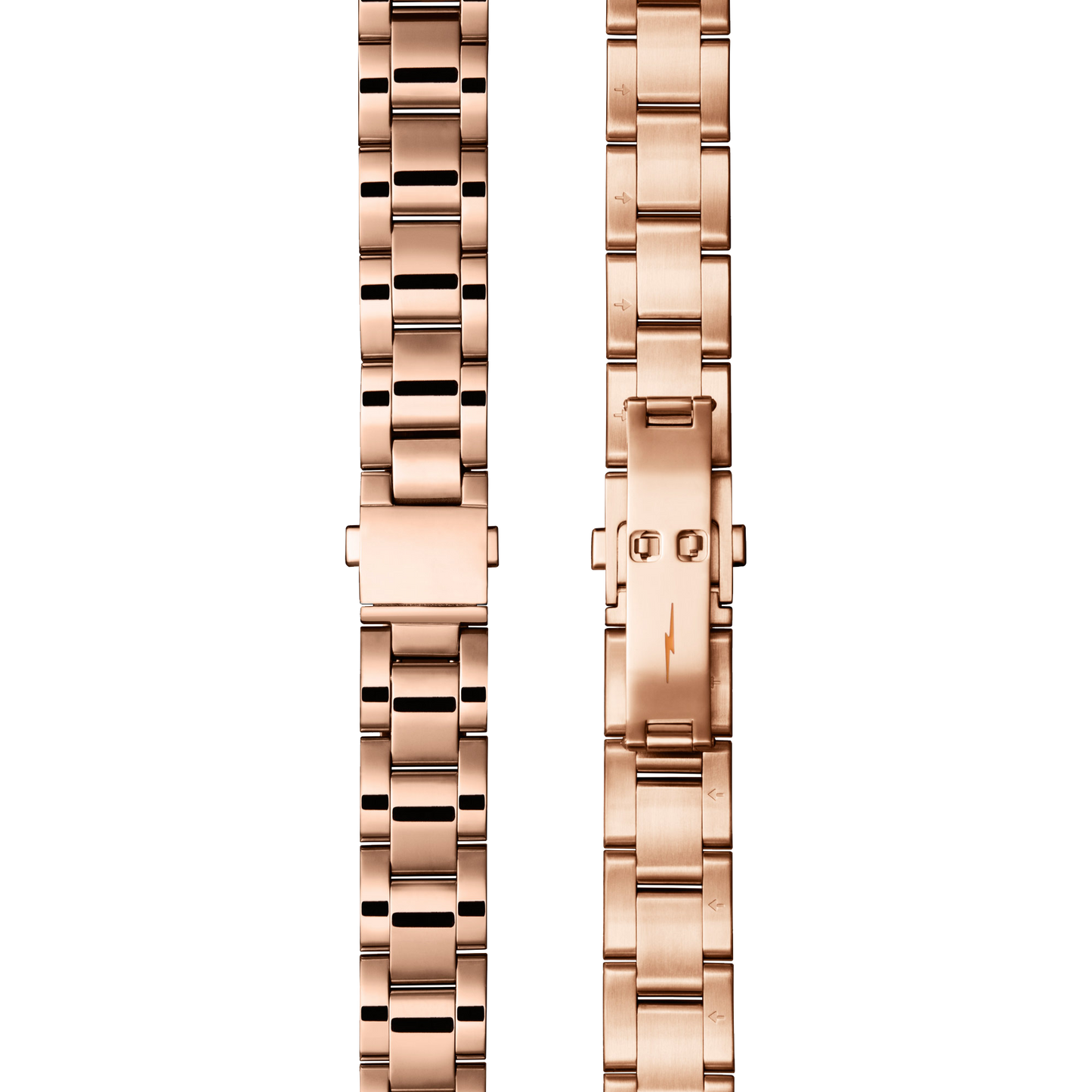 Two views of the Shinola Bracelet: 18/13, Universal 3Link, Fold Over, PoPRG - Polished PVD Rose Gold metal watch band shown front and back, featuring a center clasp and elegant link design.