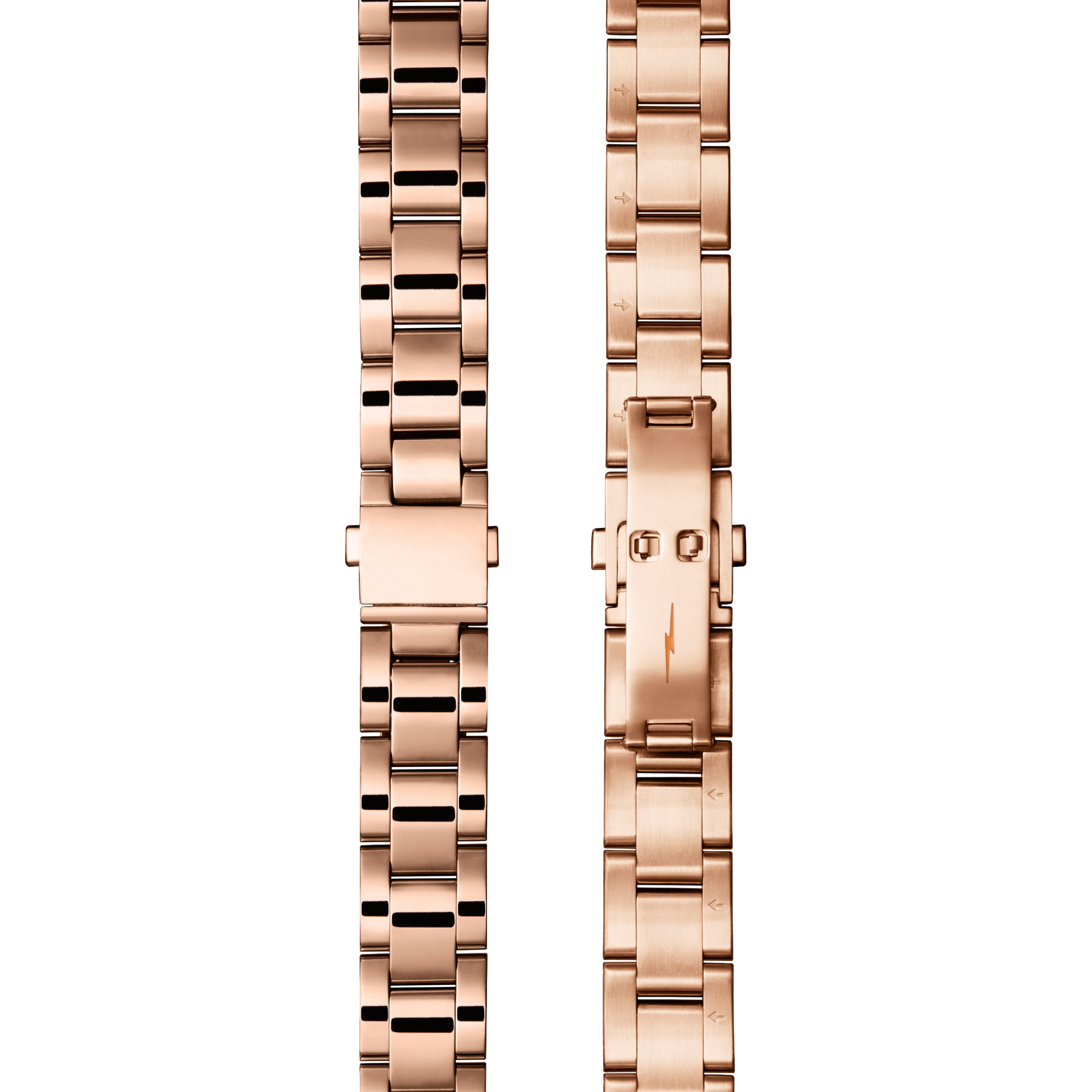 Two views of the Shinola Bracelet: 18/13, Universal 3Link, Fold Over, PoPRG - Polished PVD Rose Gold metal watch band shown front and back, featuring a center clasp and elegant link design.