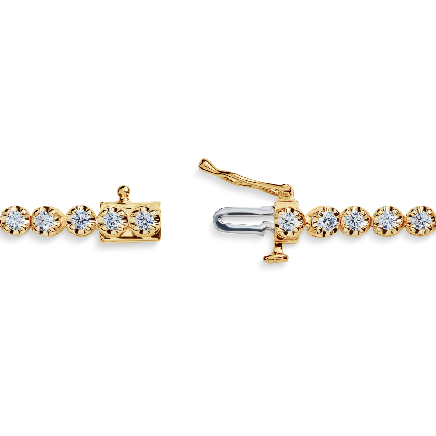 The Shinola 2 Carat 7" Diamond Tennis Bracelet in Yellow Gold features sparkling round diamonds and a secure clasp, elegantly highlighted with its open fastening mechanism.