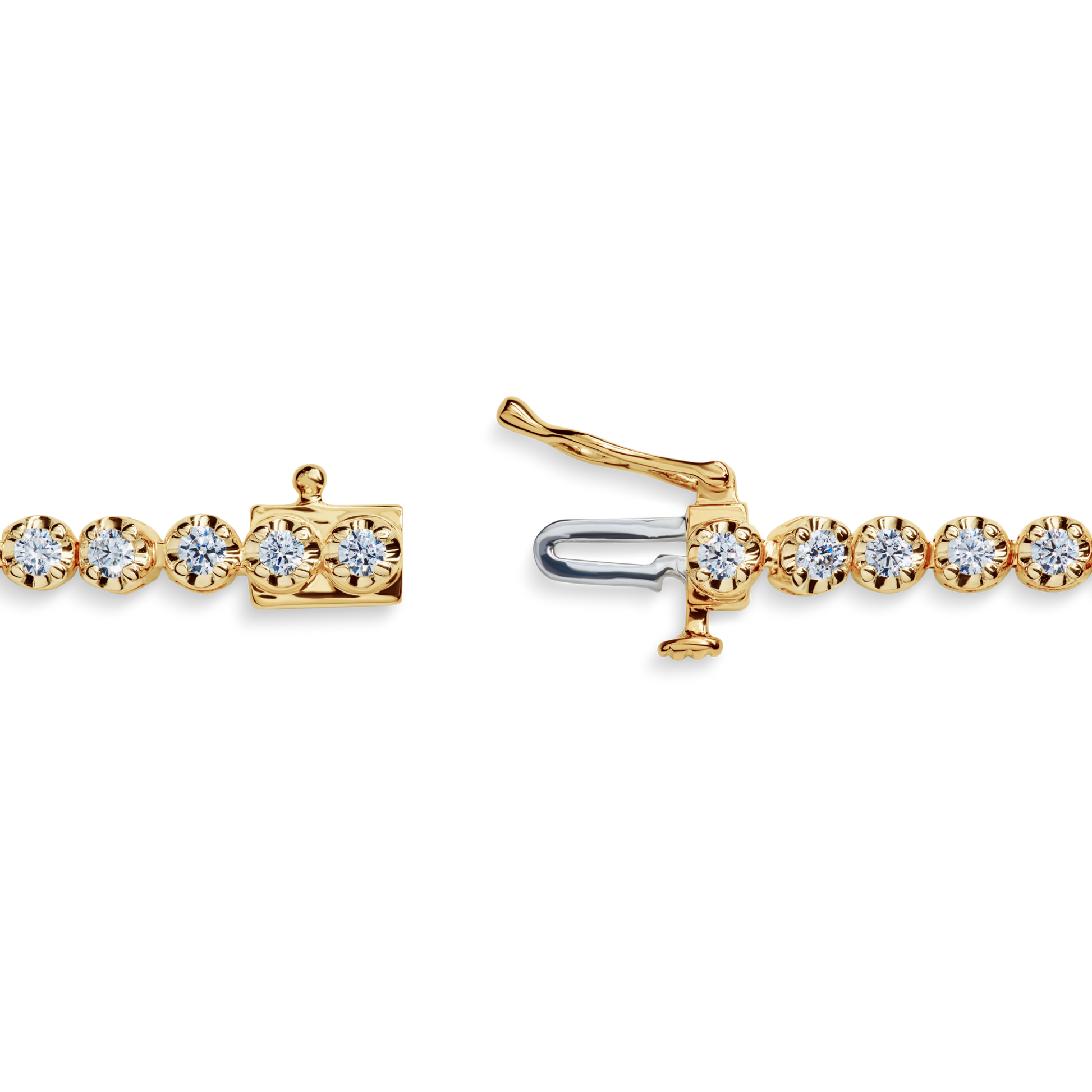 A close-up of the Shinola 1.84 Carat 6.5" Diamond Tennis Bracelet in yellow gold, with round Brilliant Cut Diamonds and a box clasp closure, shown slightly open on a white background.