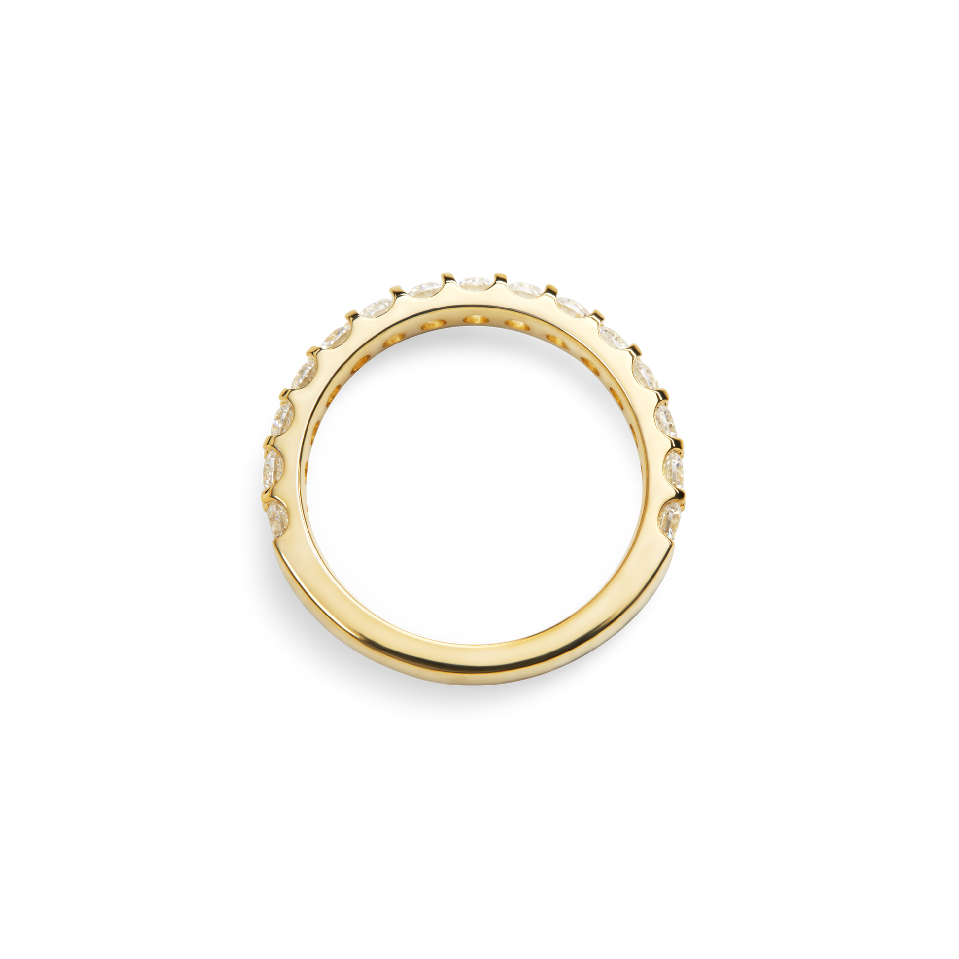 The Shinola 1 Carat Diamond Anniversary Band in yellow gold features small natural diamonds set along the top half of the band, displayed from a side angle against a white background.