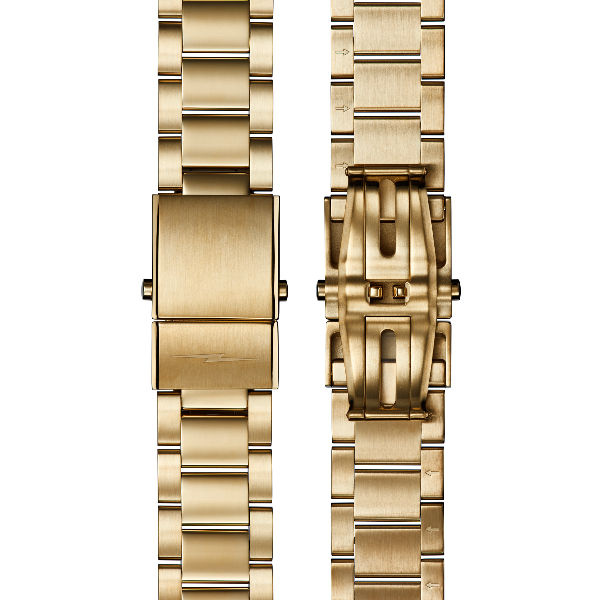 Two views of a gold stainless steel band: one clasp closed, one open to show the folding mechanism. The polished rectangular links are perfect for your Shinola Canfield Sport Chronograph Watch - Silver.