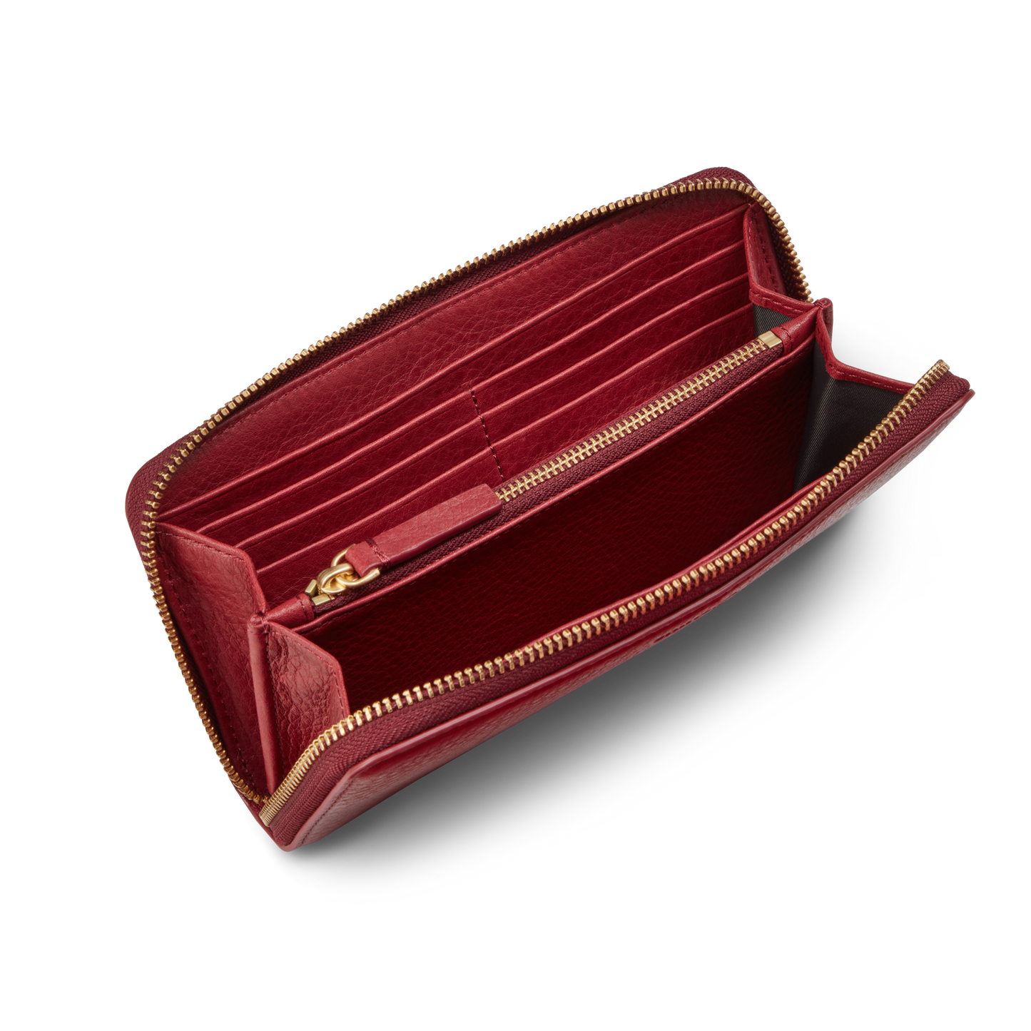 Shinola Continental Zip Wallet - Ruby, made from natural grain leather, offers multiple card slots, a central zippered coin pocket, and extra sections for bills or receipts. Shown against a white background.