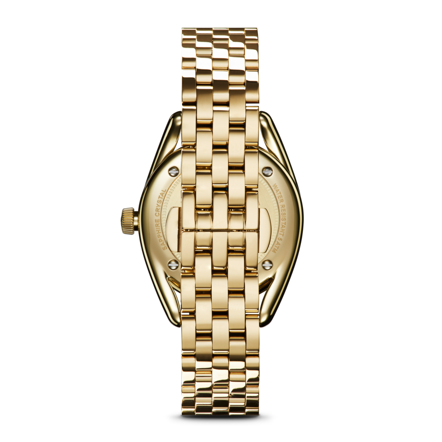 The Shinola Derby Watch - Malachite features a gold stainless steel caseback engraved with SAPPHIRE CRYSTAL and WATER RESISTANT 5 ATM. Its matching gold band enhances the elegant look of this Detroit-assembled timepiece.
