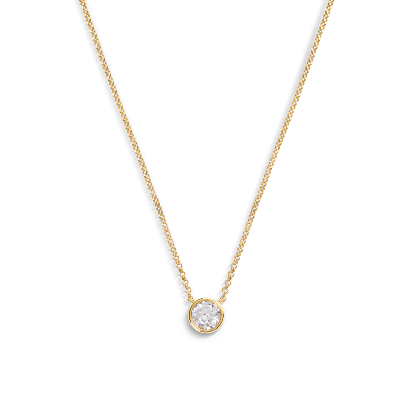 The Shinola 1 Carat Round Diamond Necklace in yellow gold features a single, ethically sourced diamond pendant, elegantly centered against a white background.