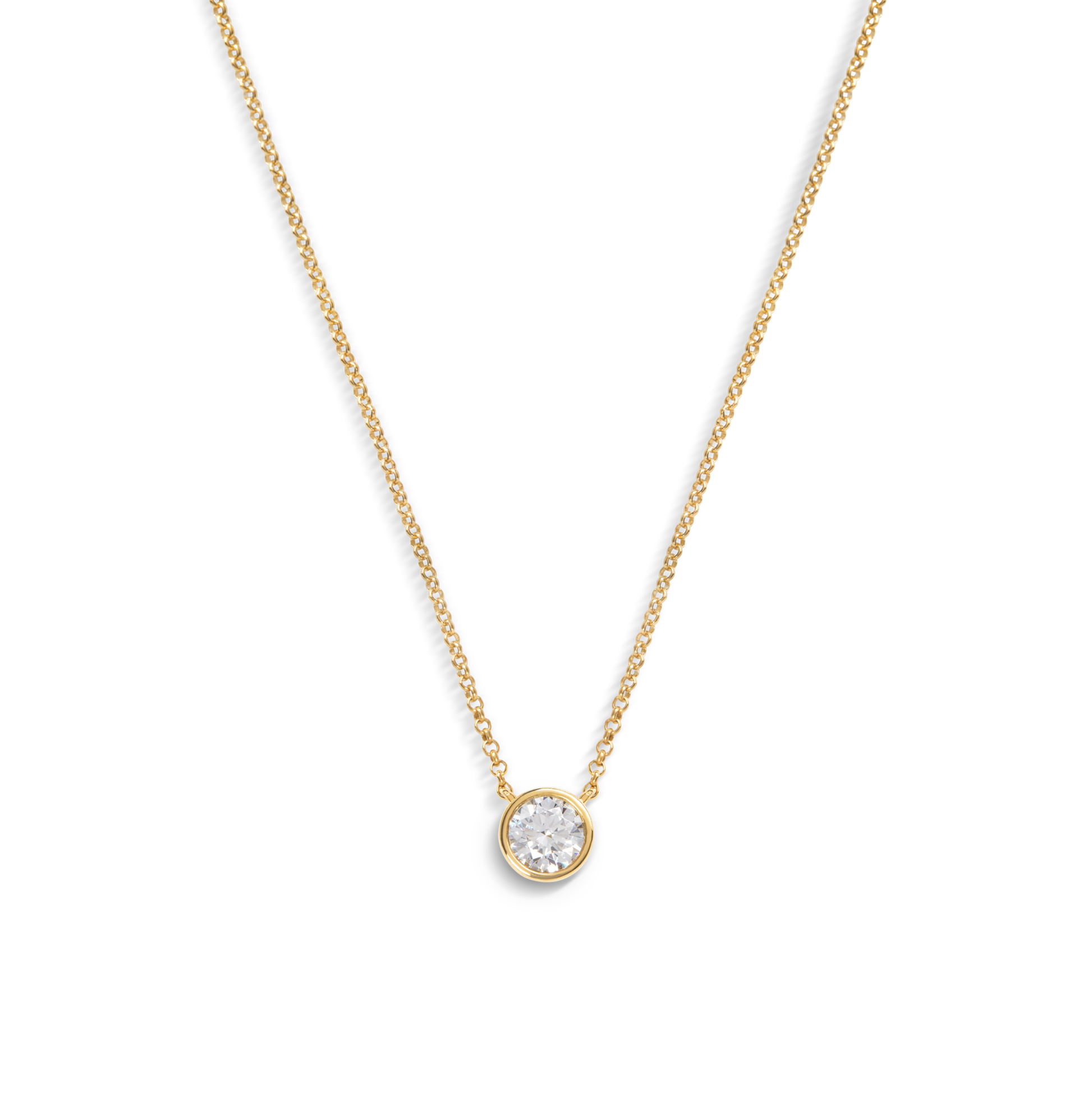 The Shinola 1 Carat Round Diamond Necklace in yellow gold features a single, ethically sourced diamond pendant, elegantly centered against a white background.