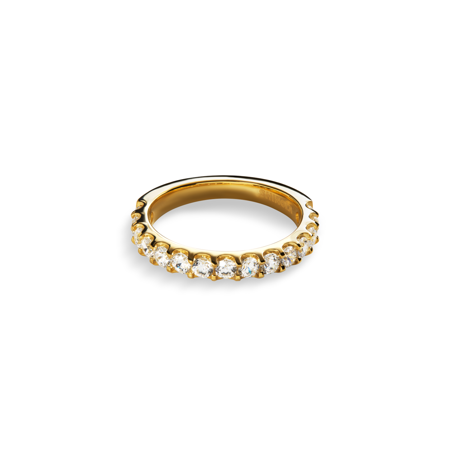 The Shinola 1 Carat Diamond Anniversary Band in yellow gold features a row of oval-cut natural diamonds set along the band, displayed on a plain white background.