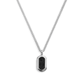 The Shinola Black Diamond Pave Tag Necklace features a sterling silver rectangular pendant with rounded edges and black diamond pave inlay, hanging from an adjustable curb chain and shown on a plain white background.