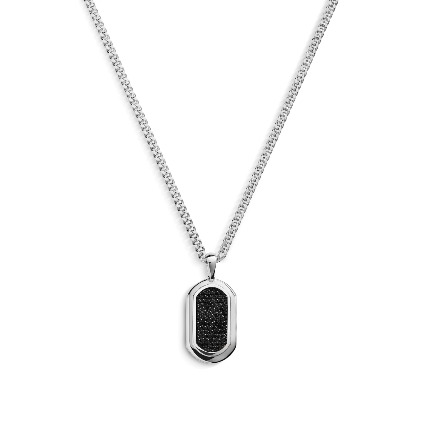 The Shinola Black Diamond Pave Tag Necklace features a sterling silver rectangular pendant with rounded edges and black diamond pave inlay, hanging from an adjustable curb chain and shown on a plain white background.