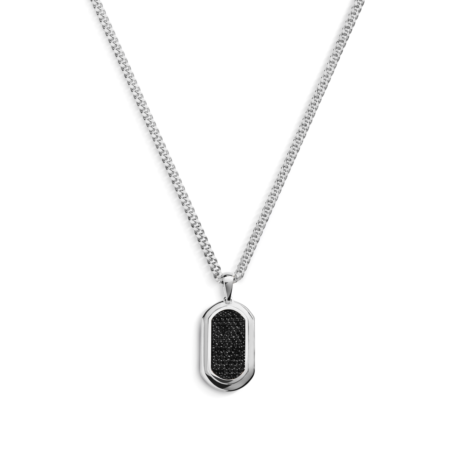 The Shinola Black Diamond Pave Tag Necklace features a sterling silver rectangular pendant with rounded edges and black diamond pave inlay, hanging from an adjustable curb chain and shown on a plain white background.