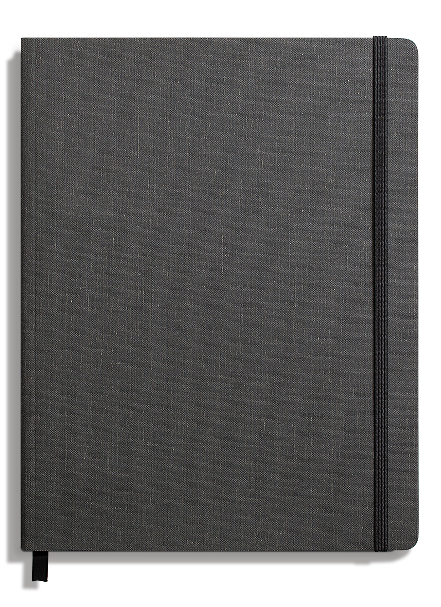The Shinola Large Soft Ruled Journal in Charcoal features a textured fabric cover, smyth-sewn binding for durability, a black elastic closure on the right side, and a black ribbon bookmark at the bottom.