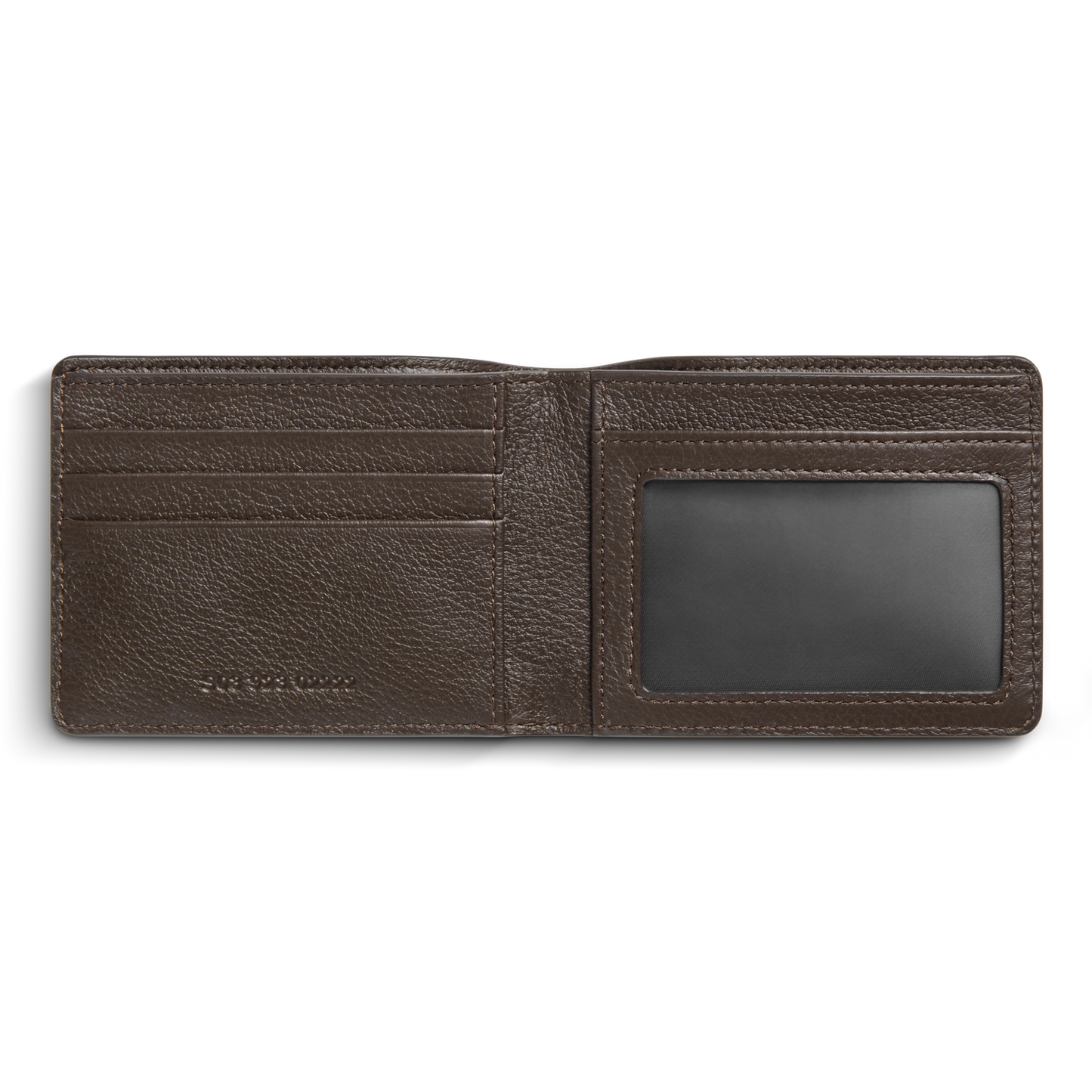 The Shinola Canfield ID Bifold Wallet in Espresso features three left card slots, a transparent right ID window, and a spacious back compartment for bills.