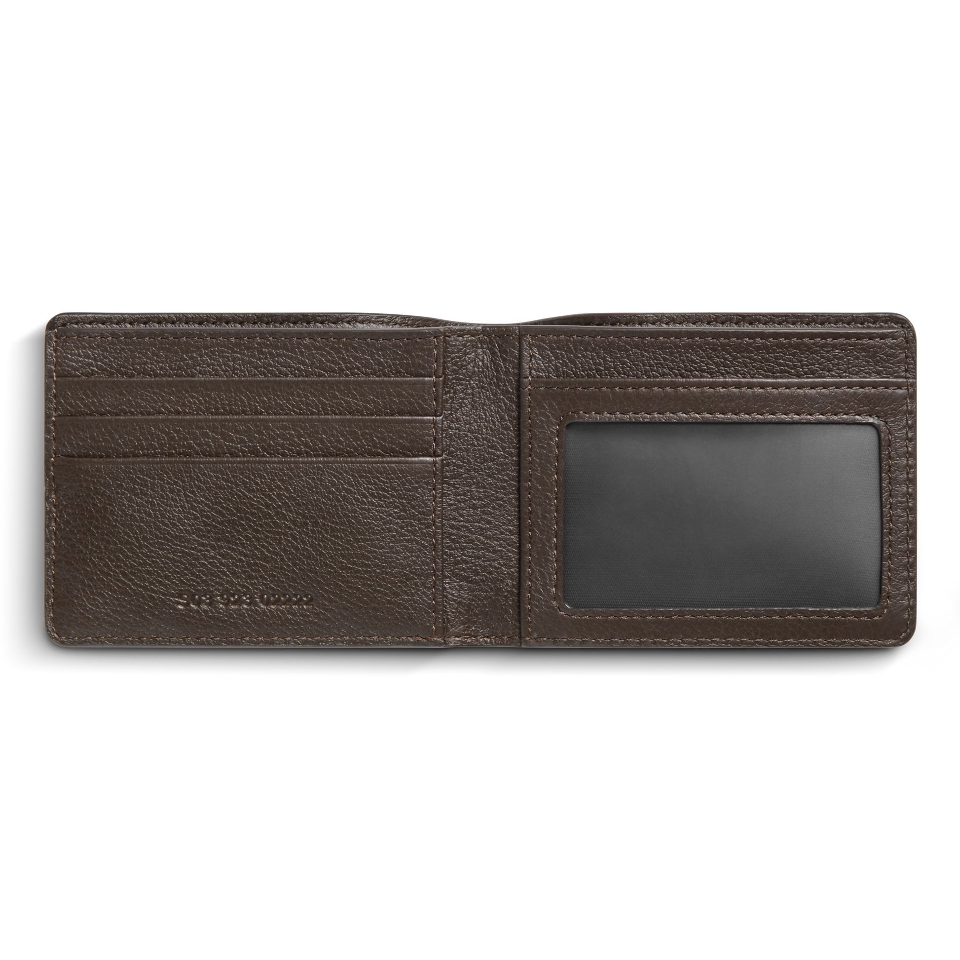 The Shinola Canfield ID Bifold Wallet in Espresso features three left card slots, a transparent right ID window, and a spacious back compartment for bills.