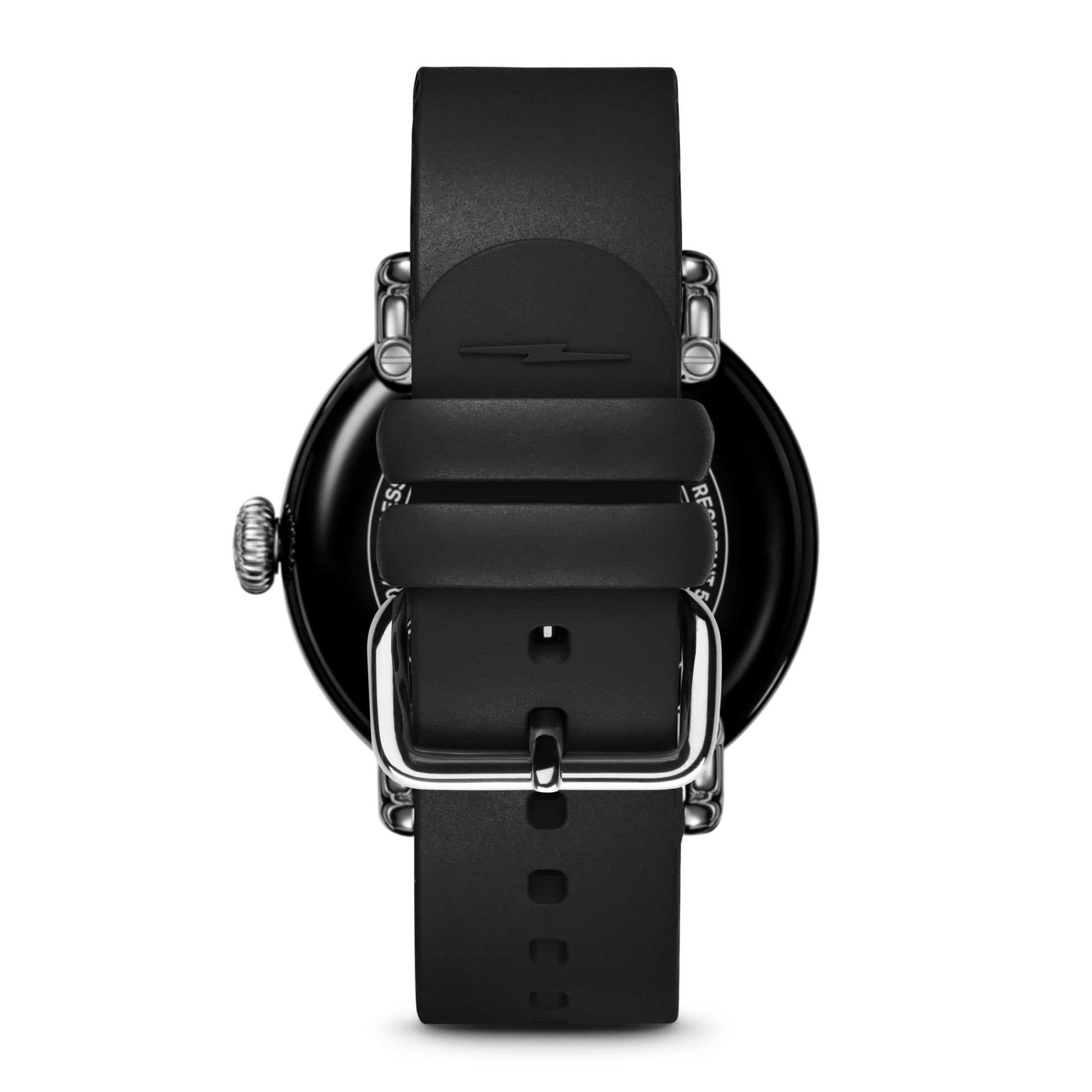 A close-up of the Shinola Detrola Watch - Black shows its smooth black silicone strap and silver buckle, all set against a plain white background.