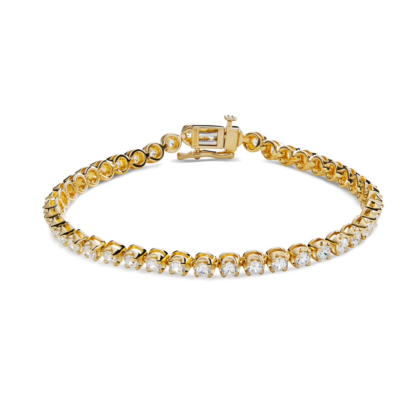 The Shinola 4 Carat 7" Diamond Tennis Bracelet in yellow gold features round, brilliant cut diamonds in prong settings and a box clasp, displayed against a plain white background.