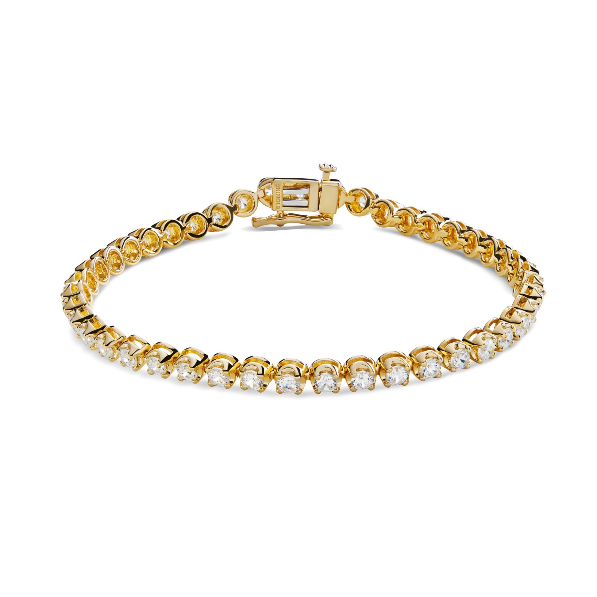 The Shinola 4 Carat 7" Diamond Tennis Bracelet in yellow gold features round, brilliant cut diamonds in prong settings and a box clasp, displayed against a plain white background.