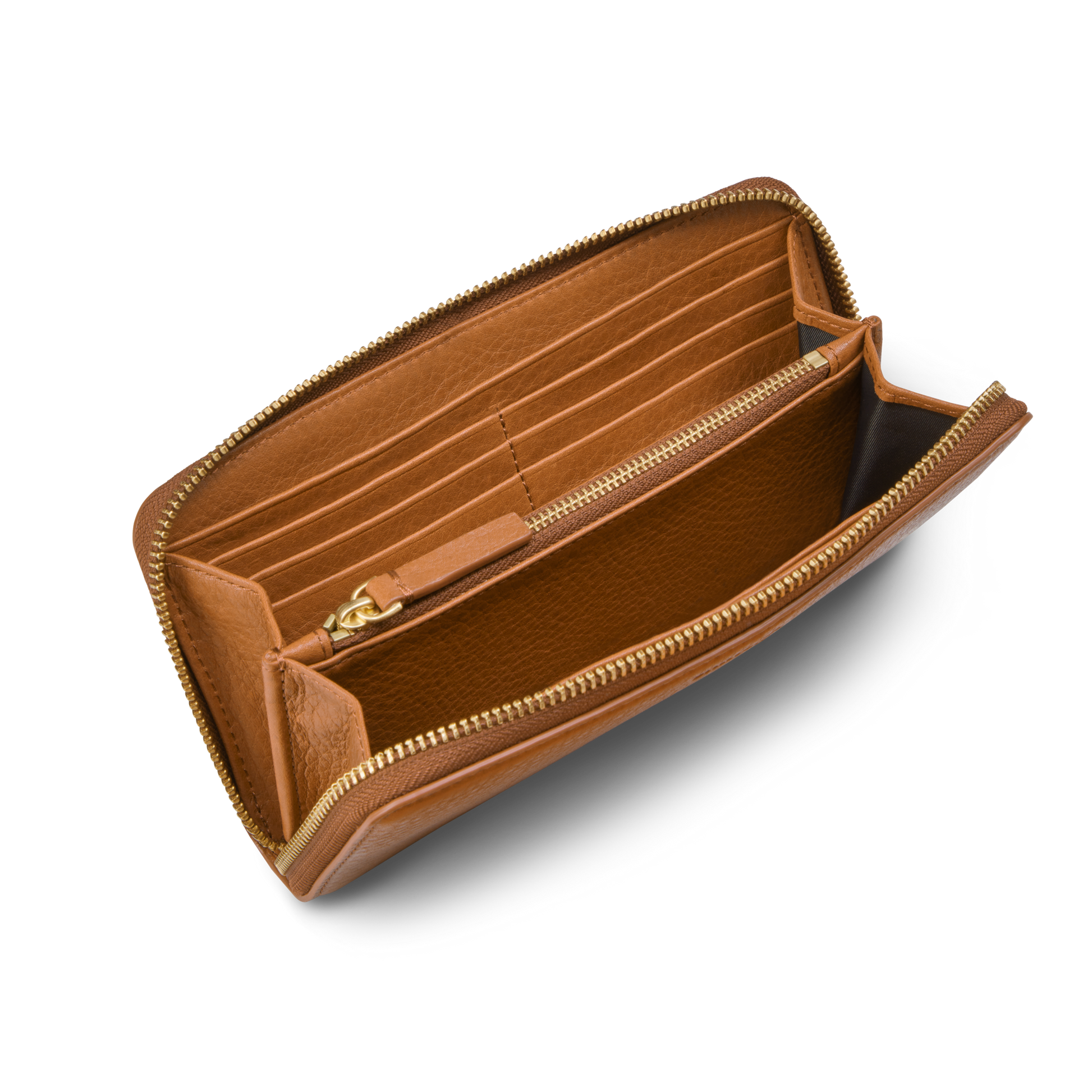 The Shinola Continental Zip Wallet - Tan, crafted from natural grain leather, is open on a white background to display its multiple card slots, zippered coin pocket, and spacious compartments for cash or receipts.