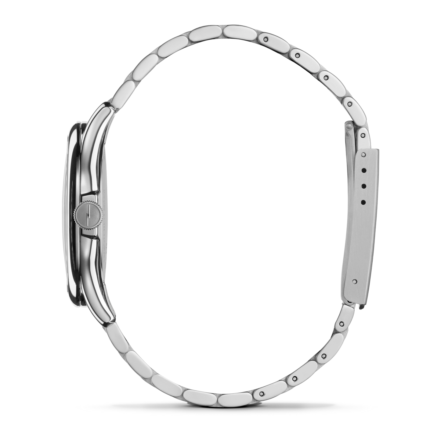 Side view of the Shinola Vinton Watch - Whiskey, featuring a slim stainless steel bracelet with visible clasp, showcasing the thin case profile, crown on the left side, and refined design.