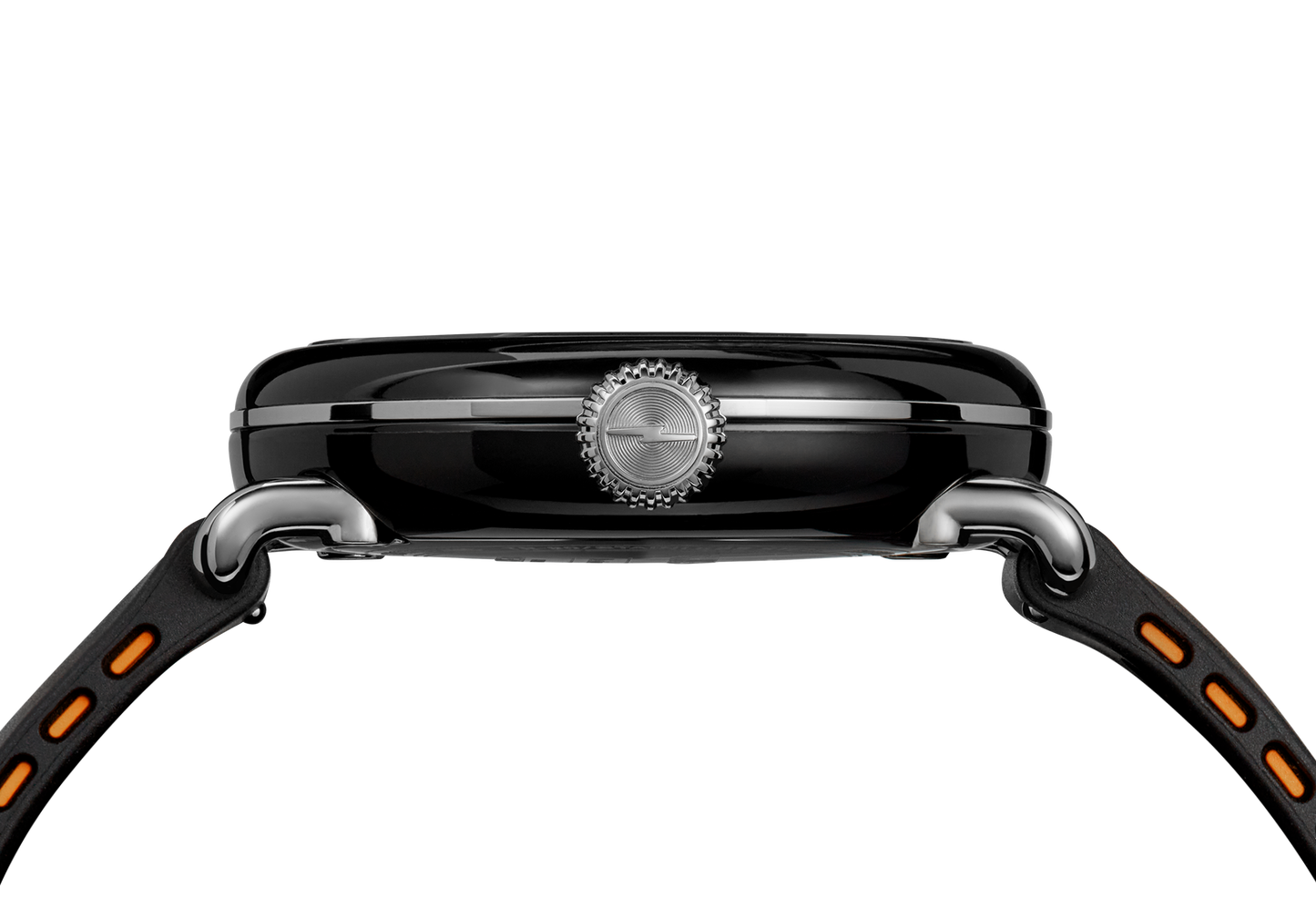 Side view of the Shinola Detrola Watch - Black, featuring a silver crown and black strap with orange accents, highlights this classic American design against a plain white background.