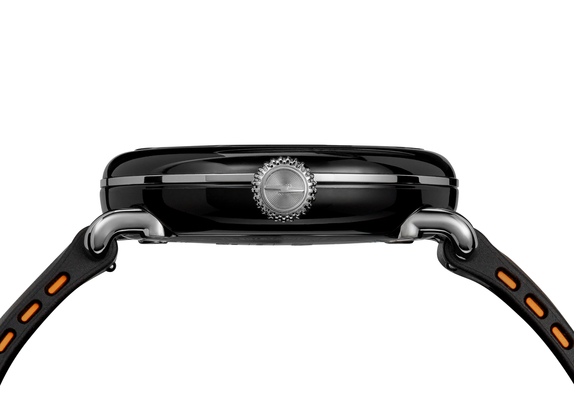 Side view of the Shinola Detrola Watch - Black, featuring a silver crown and black strap with orange accents, highlights this classic American design against a plain white background.