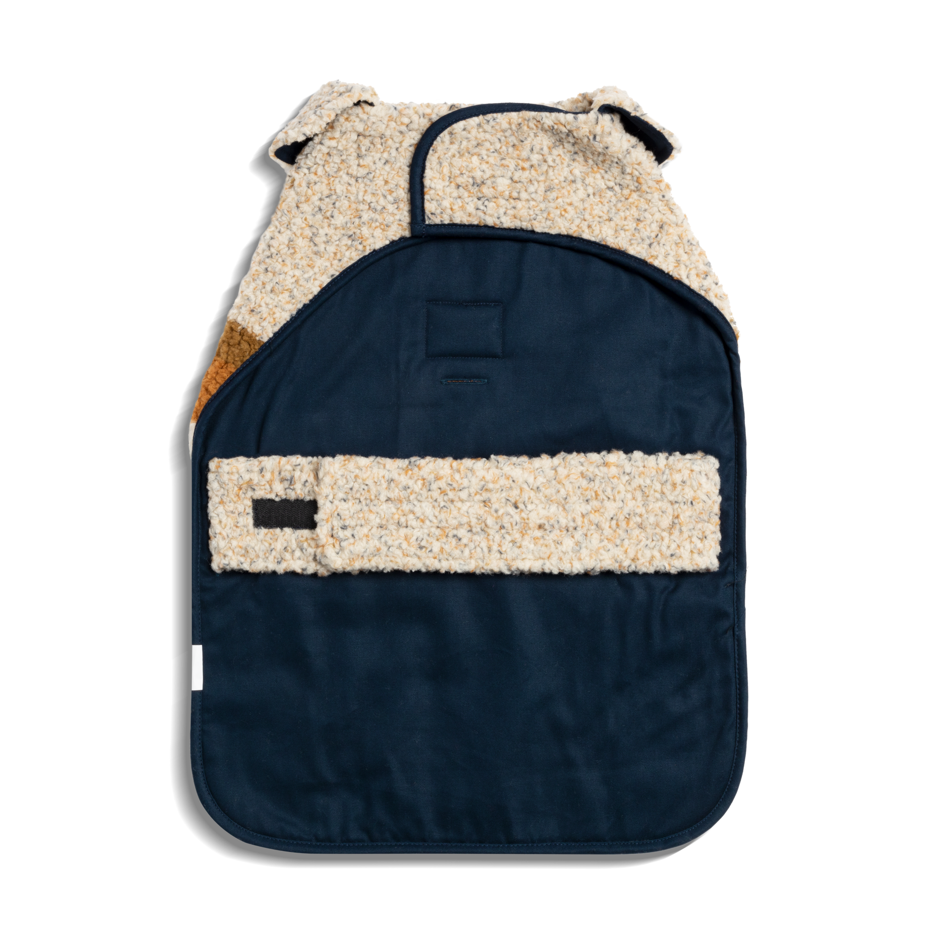 The Shinola Dog Coat - Brand Stripe Ombre in navy blue and beige features a fleece lining, soft textured collar, and flap for warmth—like a cozy baby bunting bag—shown flat against a white background.