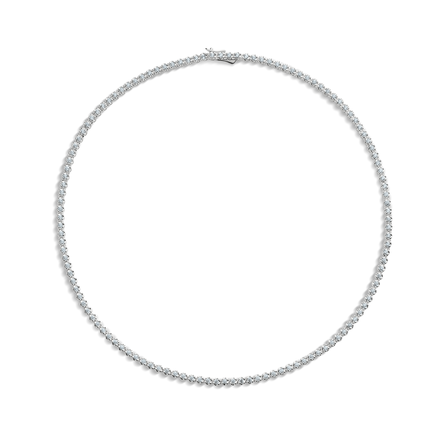 The Shinola 5 Carat Diamond Tennis Necklace in white gold showcases a slender band adorned with evenly spaced, sparkling diamonds, displayed against a plain white background.
