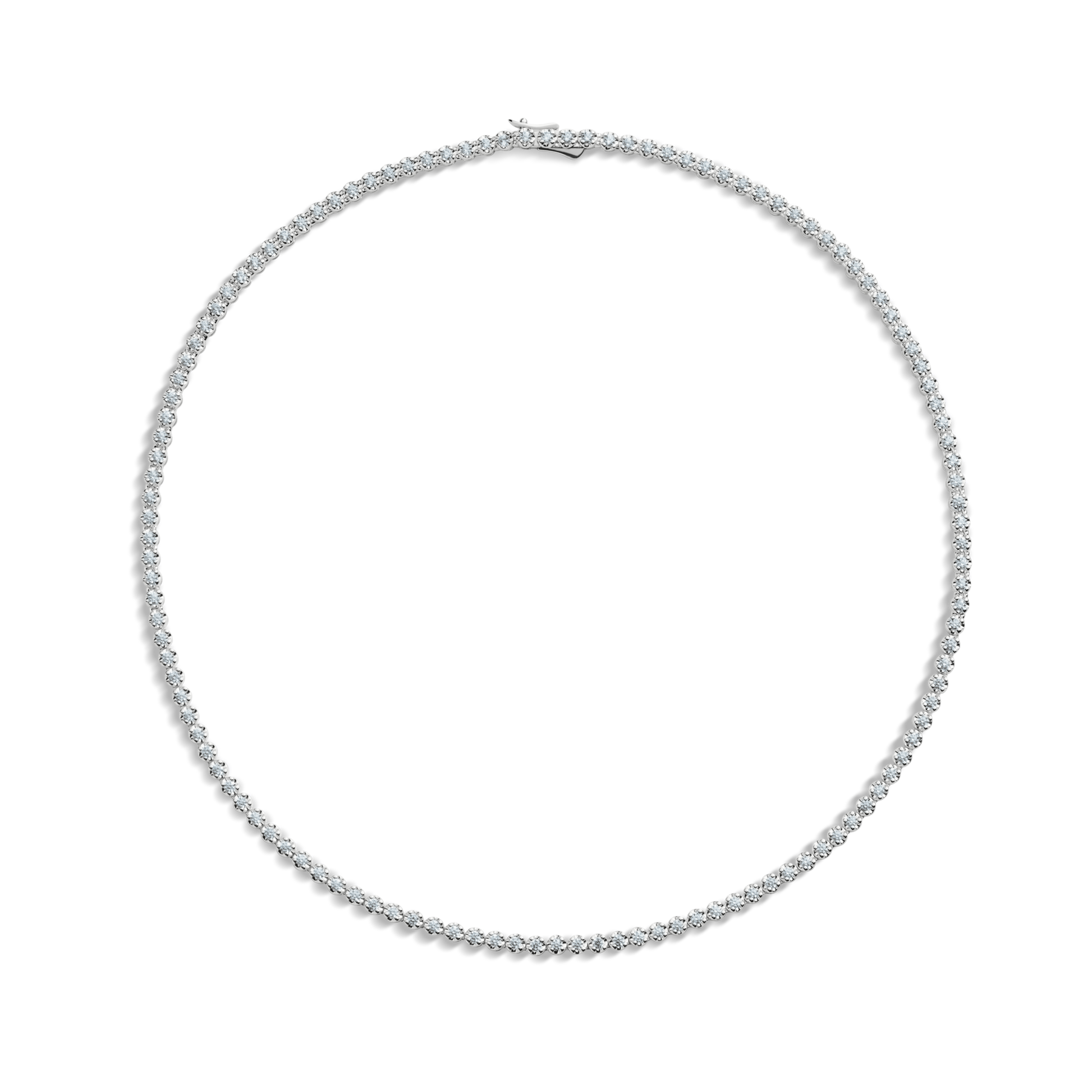 The Shinola 5 Carat Diamond Tennis Necklace in white gold showcases a slender band adorned with evenly spaced, sparkling diamonds, displayed against a plain white background.