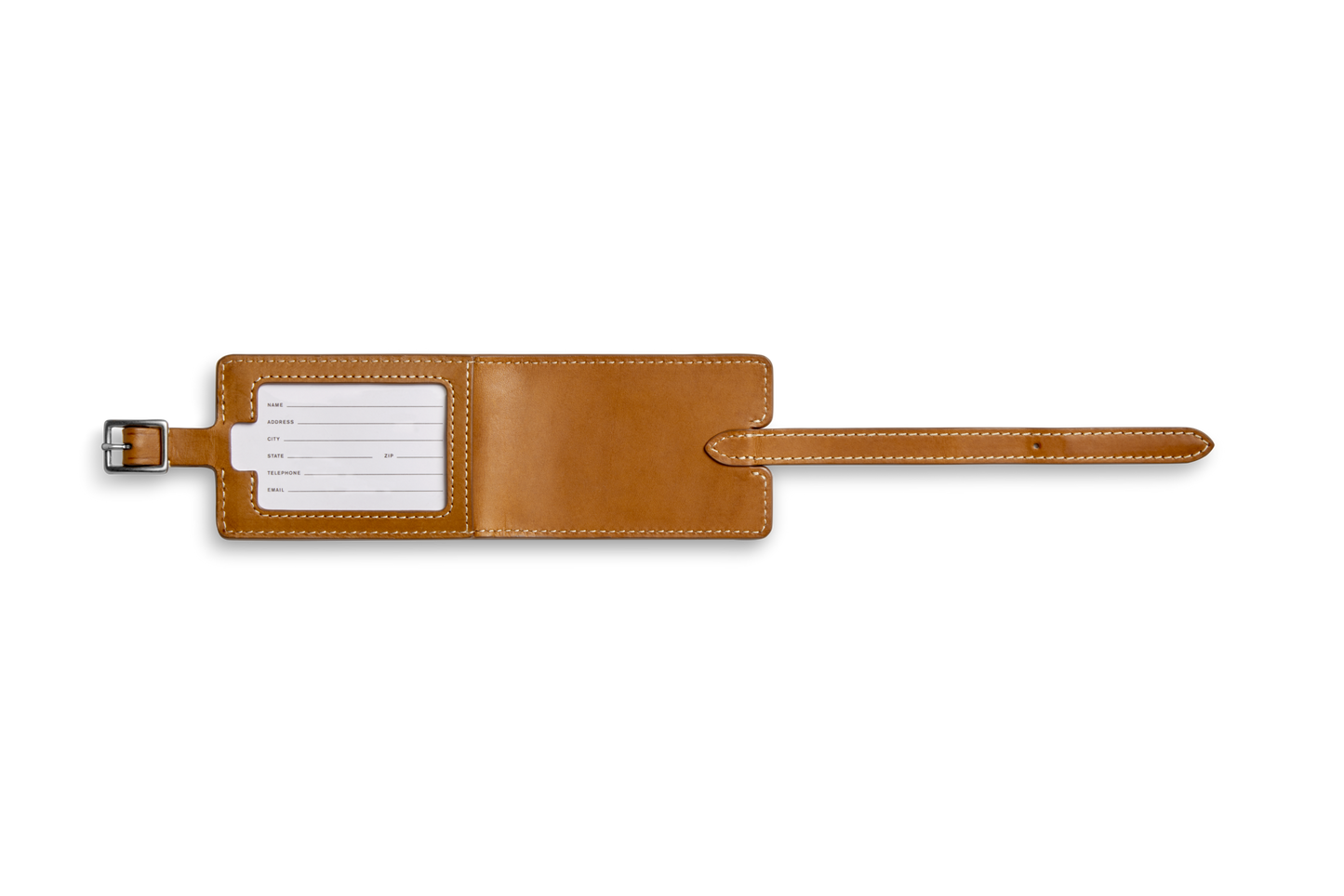 The Shinola Luggage Tag - Tan is open on a white background, showing a blank ID card on the left and a long strap with buckle—ideal for monogramming.