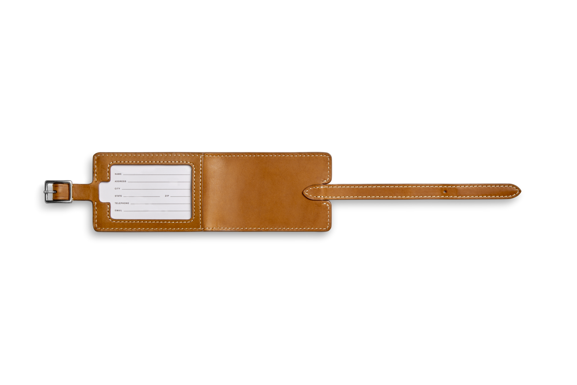 The Shinola Luggage Tag - Tan is open on a white background, showing a blank ID card on the left and a long strap with buckle—ideal for monogramming.