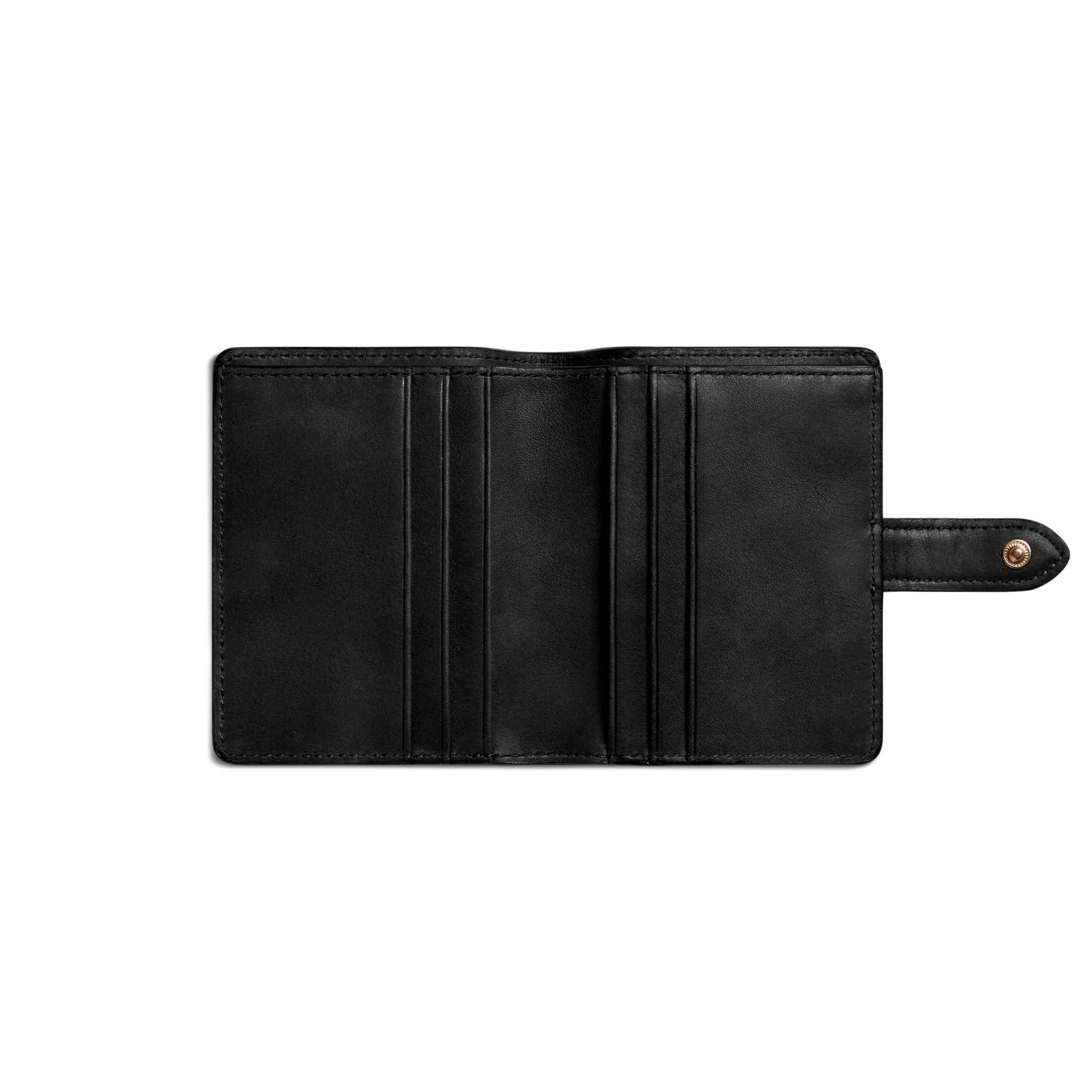 The Shinola Small Snap Wallet in black natural leather is open, displaying its interior slots and brass snap closure.