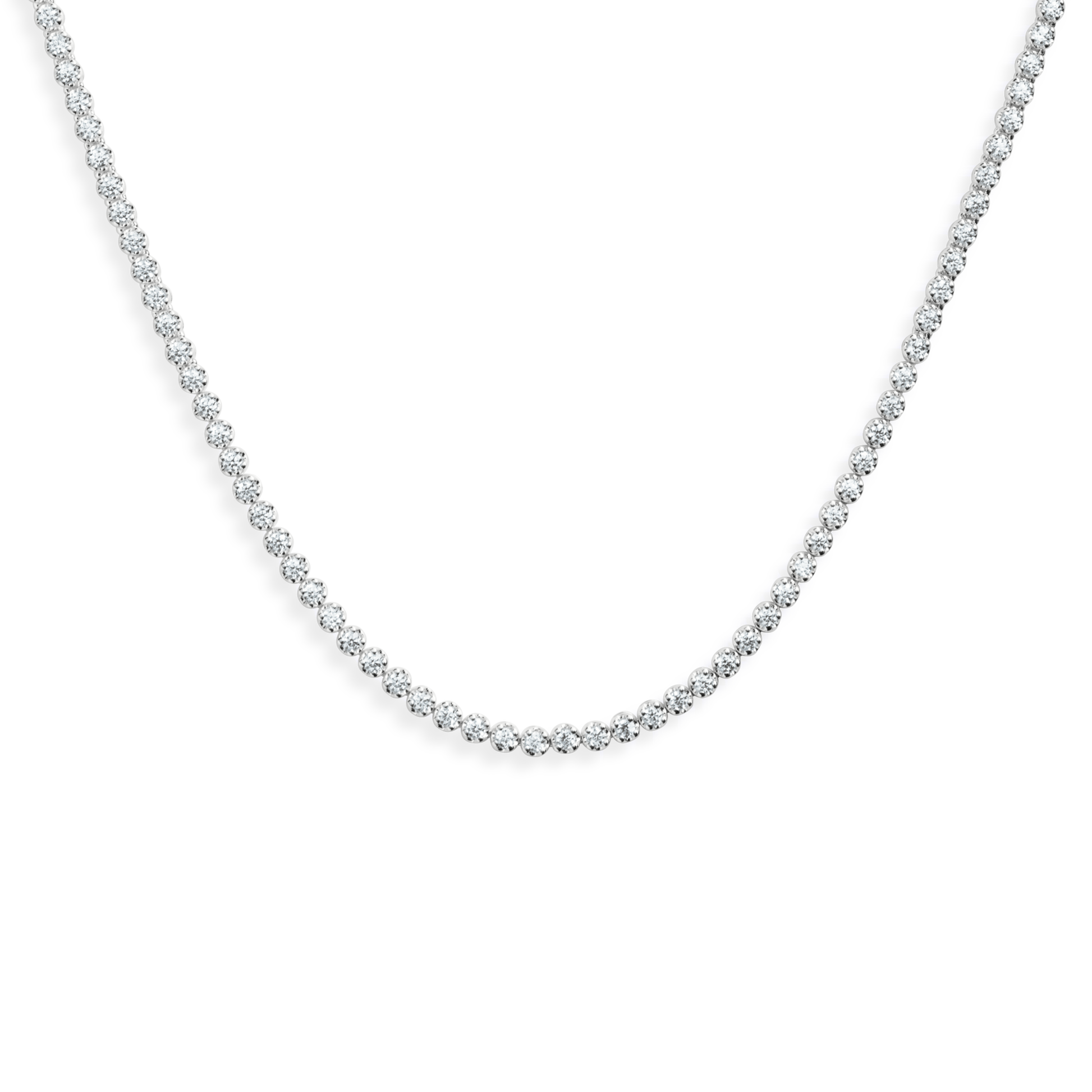 The Shinola 7 Carat Diamond Tennis Necklace in White Gold displays a continuous line of small, round, sparkling diamonds set closely together, shown against a plain white background.