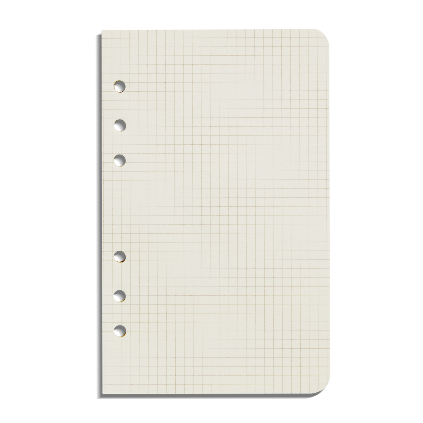 The Shinola Grid Agenda Insert - Kraft features grid paper with rounded corners and six punched holes, perfect for your Refillable Leather Agenda. Each sheet is blank with light gray grids on a white background.